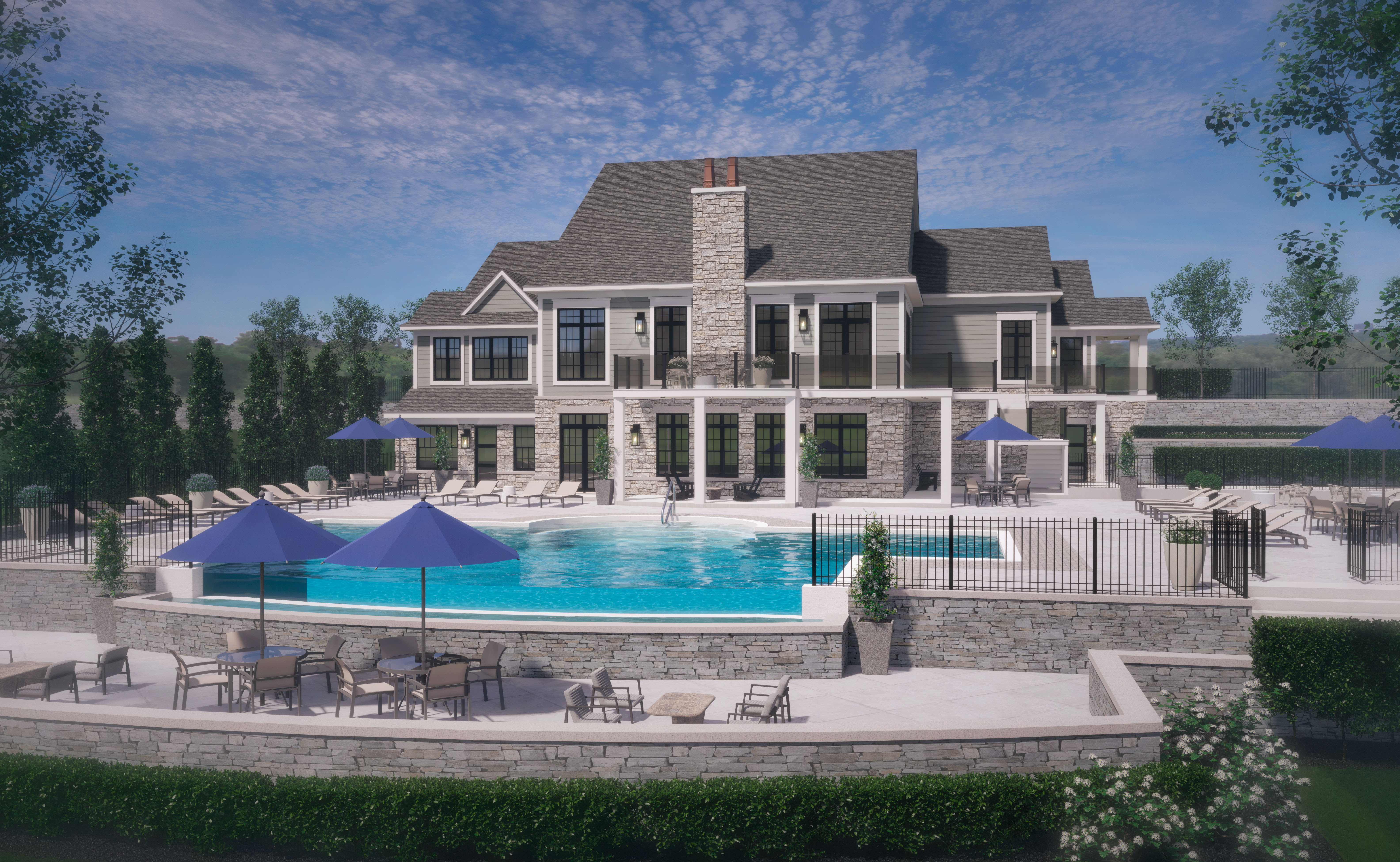Exterior view with pool at Noble on the Lake in Brighton, Michigan