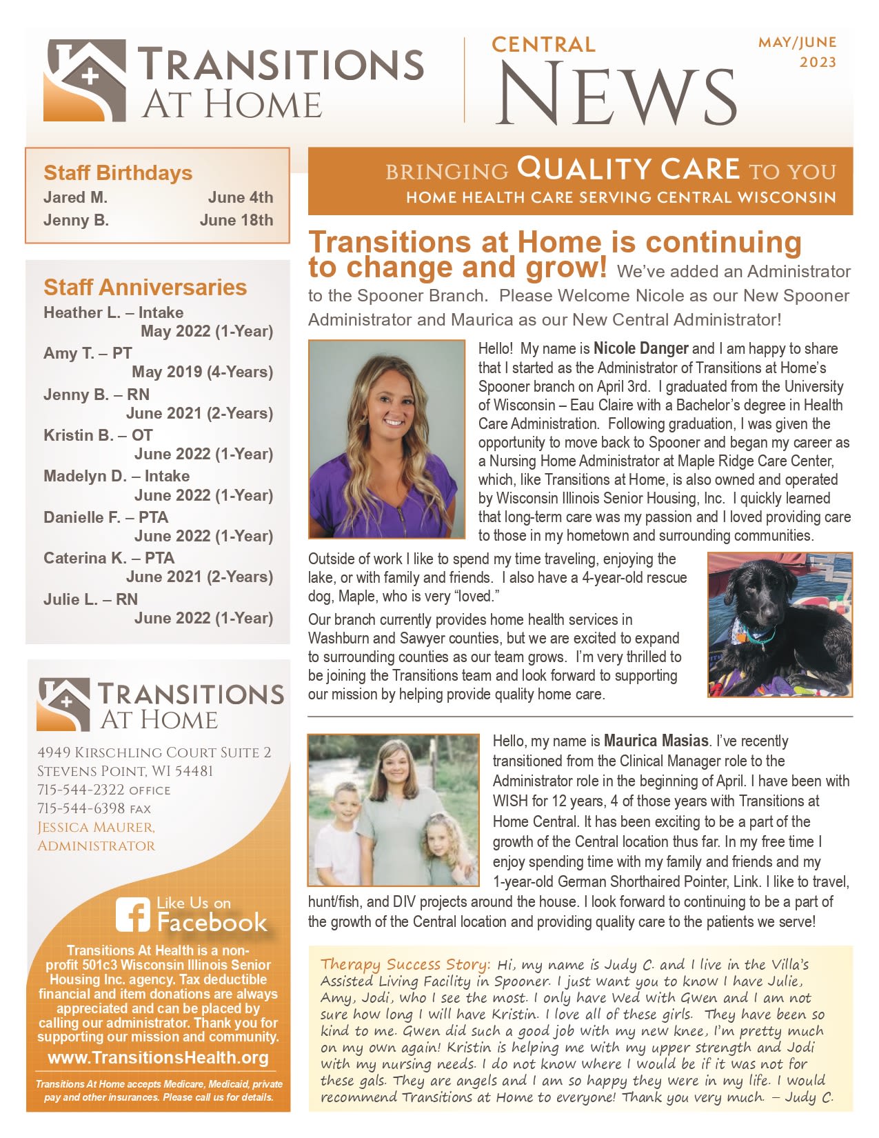 May 2023 Newsletter  at Transitions At Home - Central in Stevens Point, Wisconsin