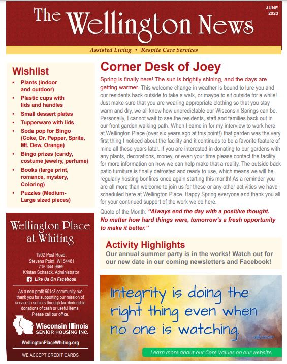 June 2023 newsletter at Wellington Place at Whiting in Stevens Point, Wisconsin