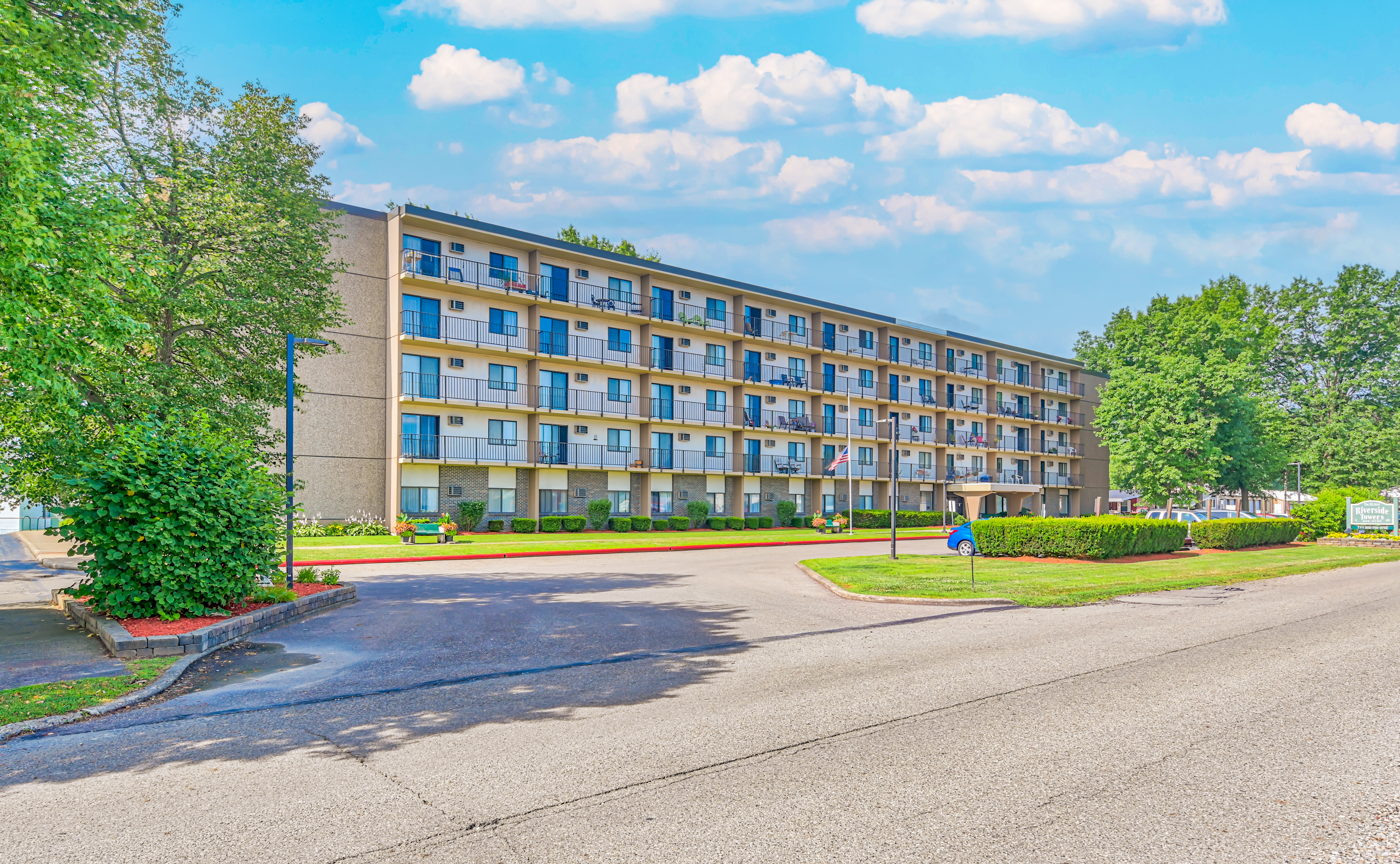 Exterior grounds and sidewalk at Riverside Towers in Coshocton, Ohio