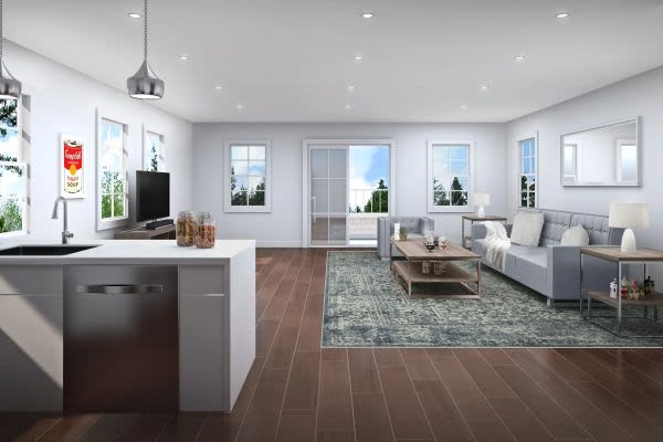 Furnished living room and kitchen with stainless-steel appliances at Campus Prime in Syracuse, New York