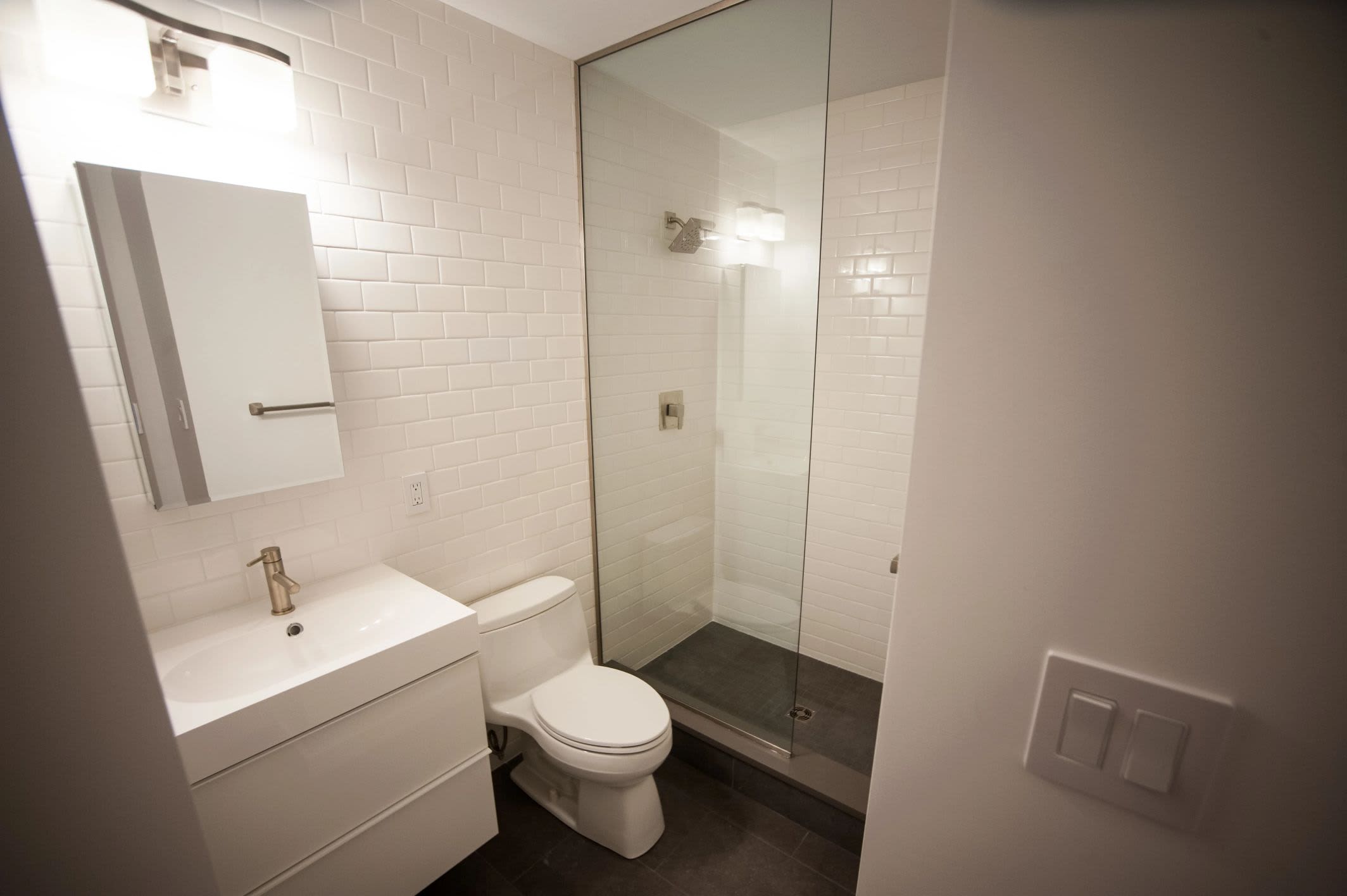 Model bathroom in student housing at Campus Prime in Syracuse, New York