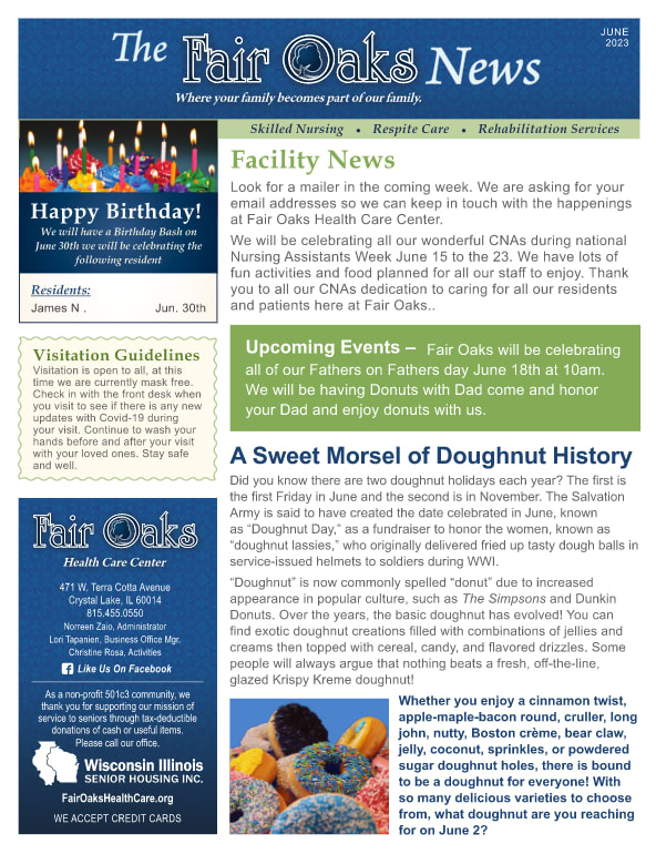 June 2023 Newsletter at Fair Oaks Health Care Center in Crystal Lake, Illinois