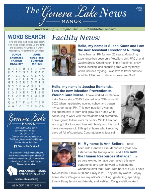 June 2023 Newsletter at Geneva Lake Manor in Lake Geneva, Wisconsin