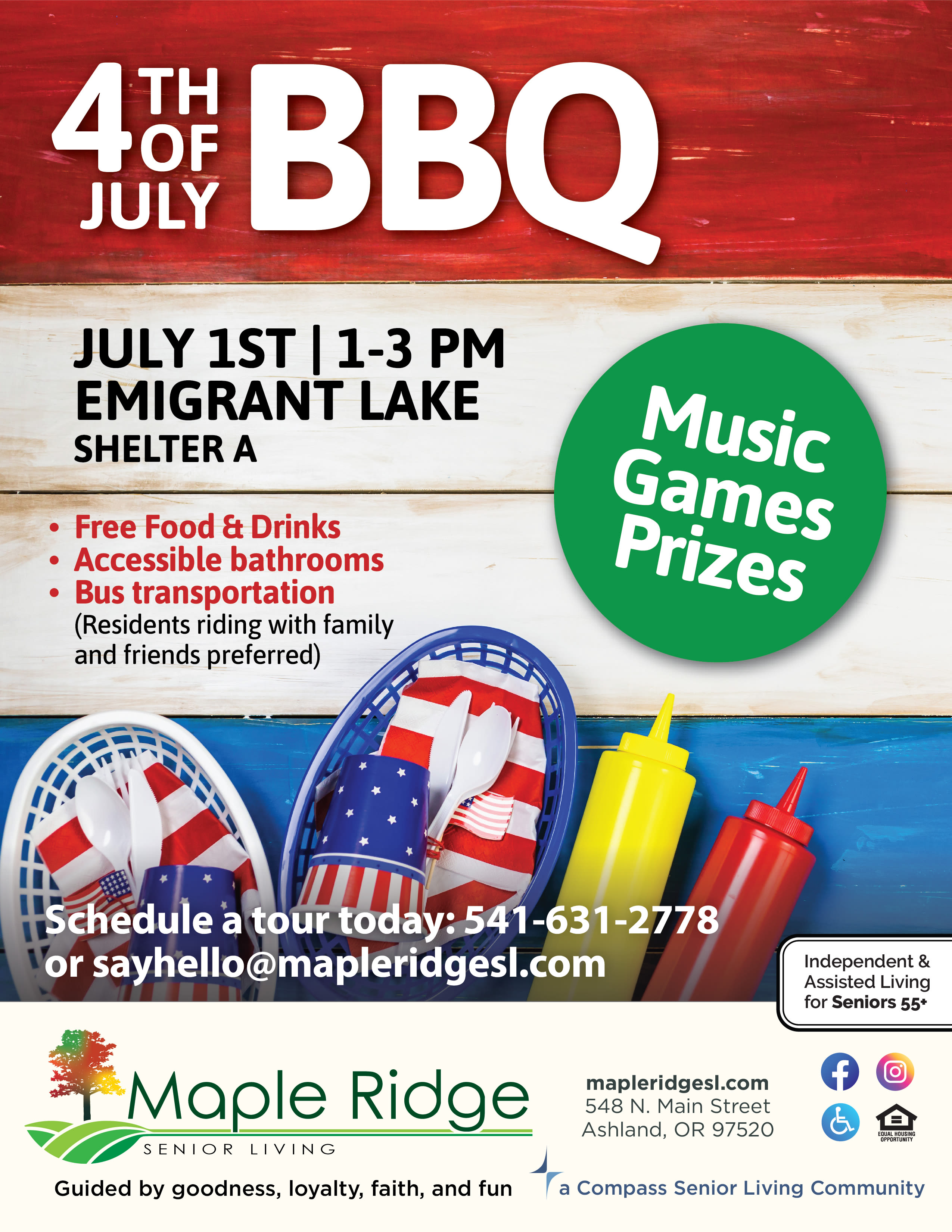 fourth of July flyer at Maple Ridge Senior Living in Ashland, Oregon