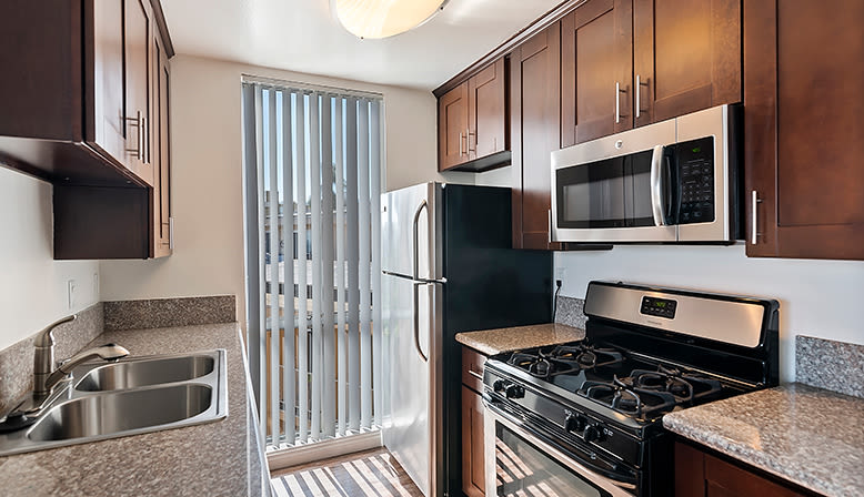 Model kitchen at The Jessica Apartments in Los Angeles, California