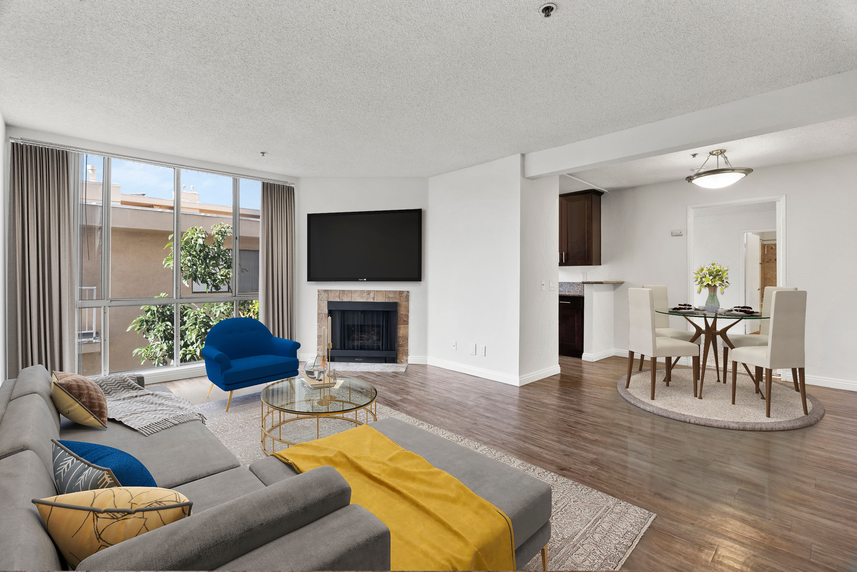 Furnished model living room at The Jessica Apartments in Los Angeles, California