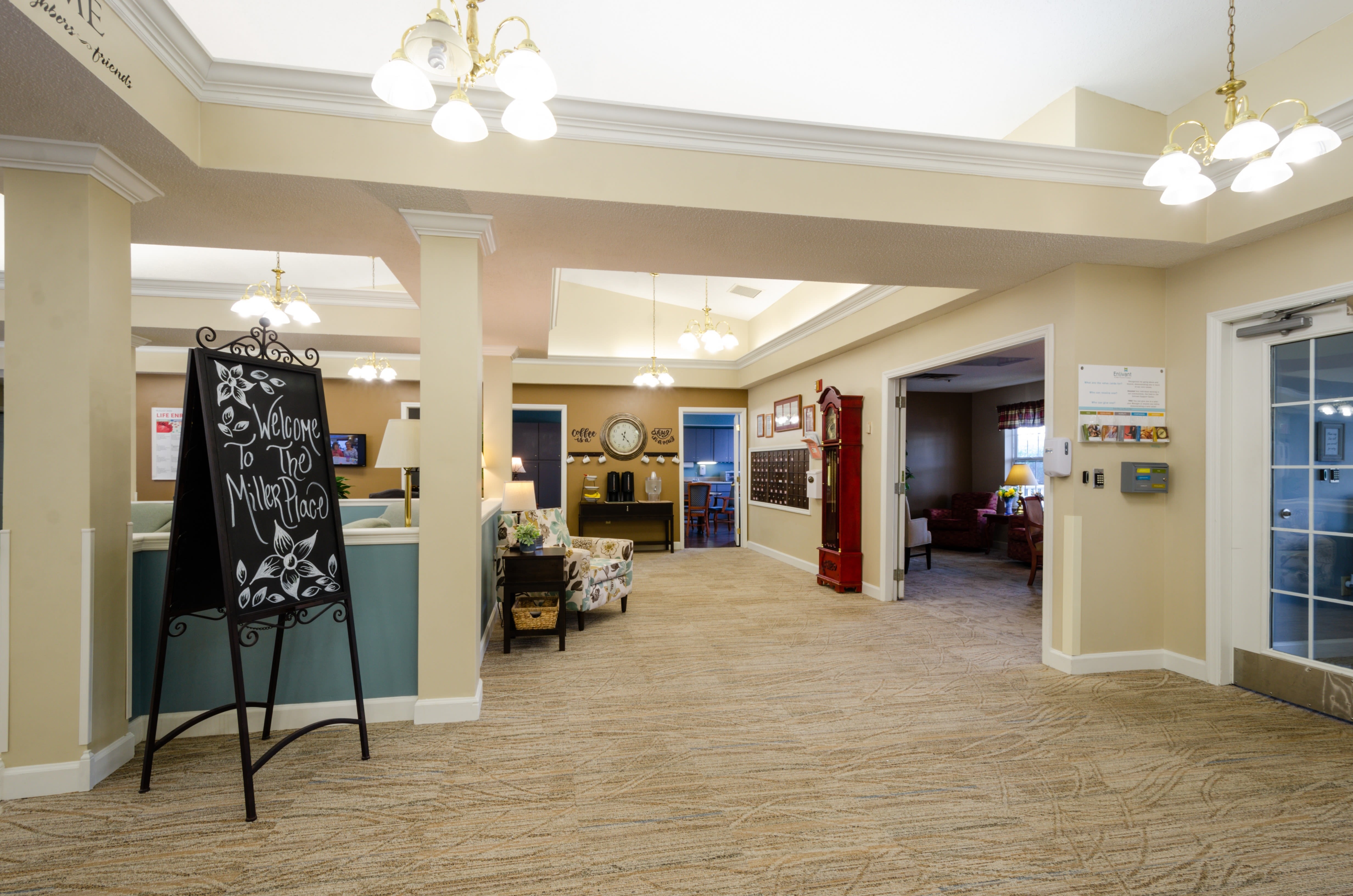 Lobby and entrance to dining area at Trustwell Living at Miller Place in Celina, Ohio