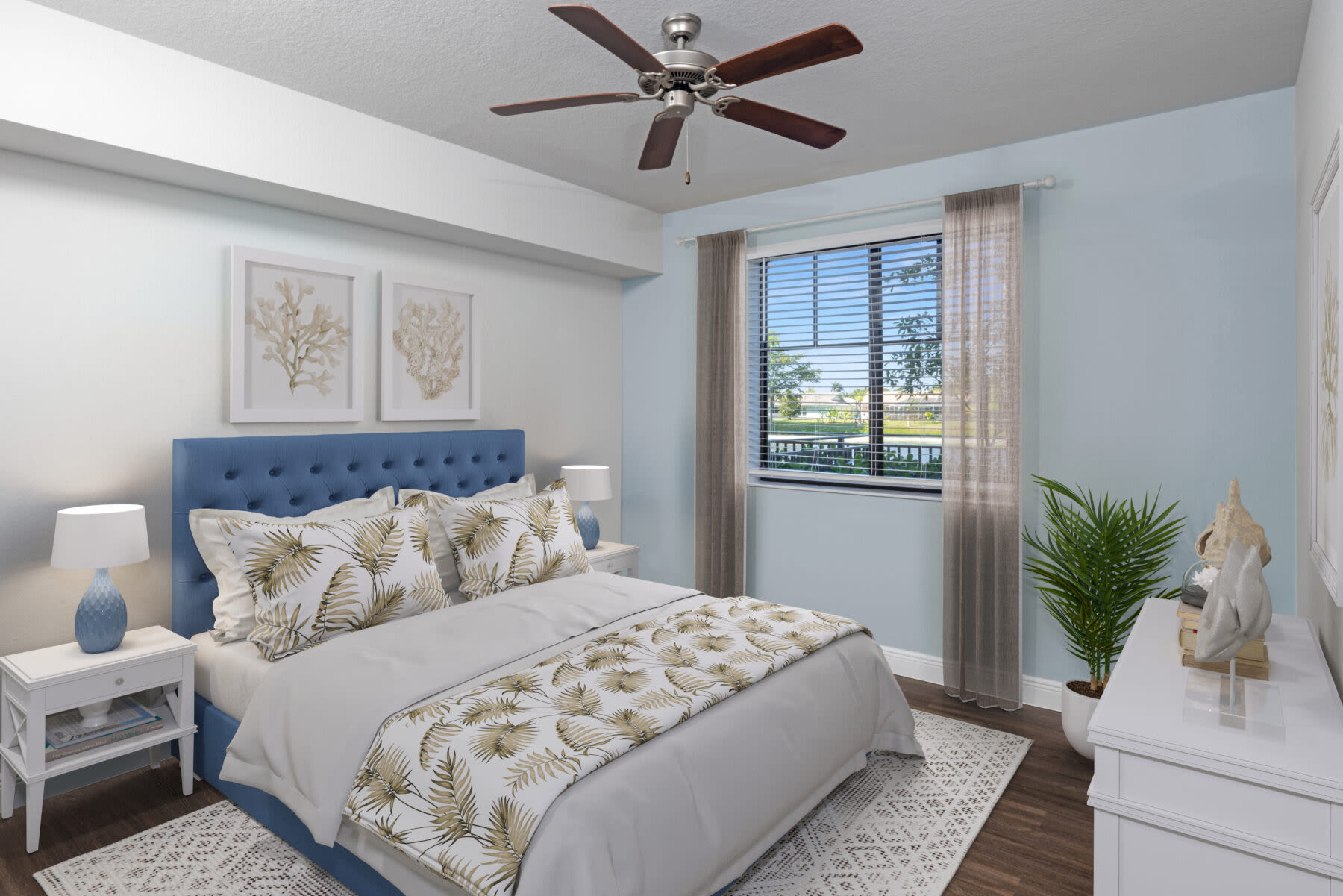 Experience the appeal of a furnished apartment model bedroom with natural light, modern furnishings, and wood-style flooring at Locklyn West Palm in West Palm Beach, Florida