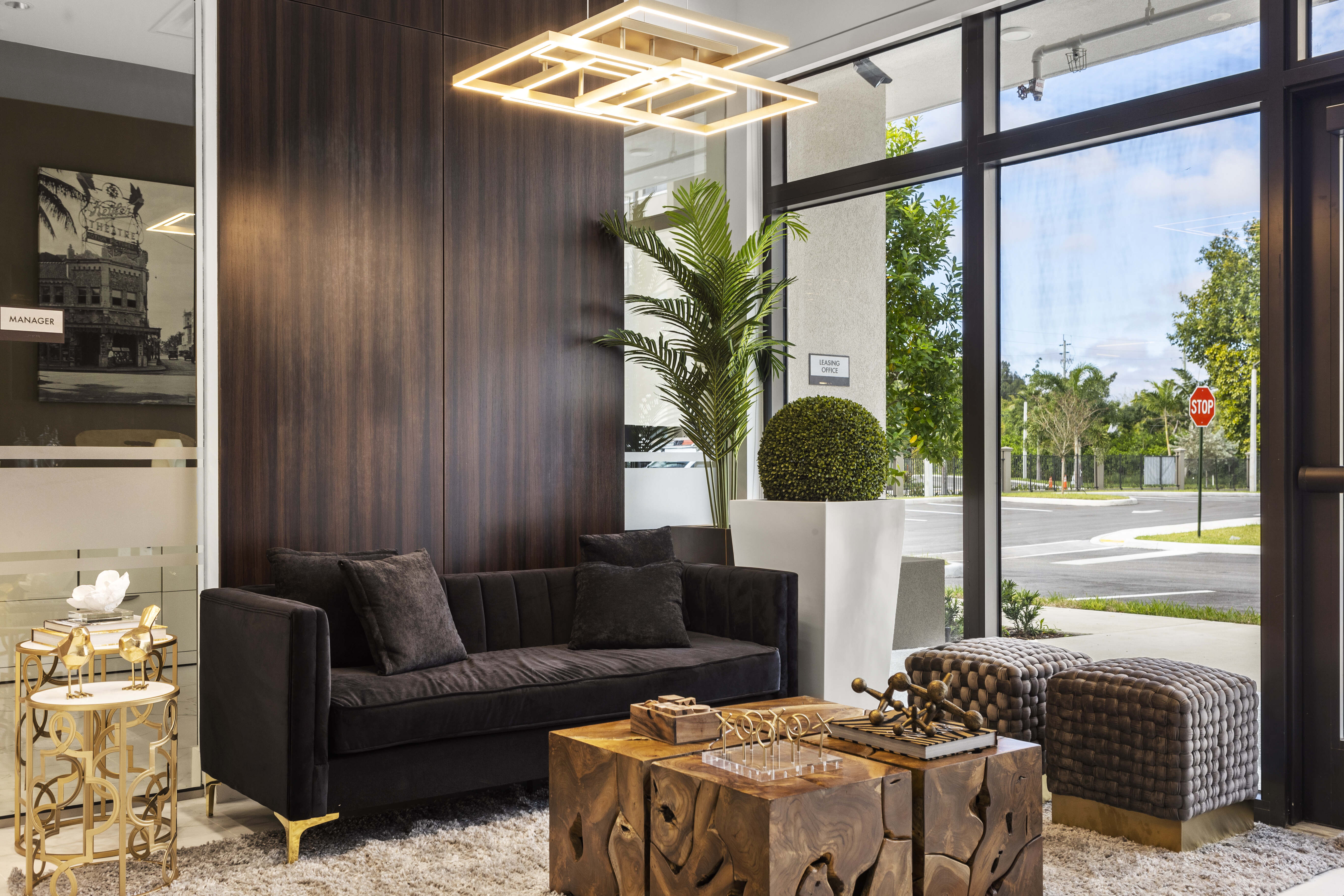 Modern furnishings at the entryway of Pine Ridge in West Palm Beach, Florida