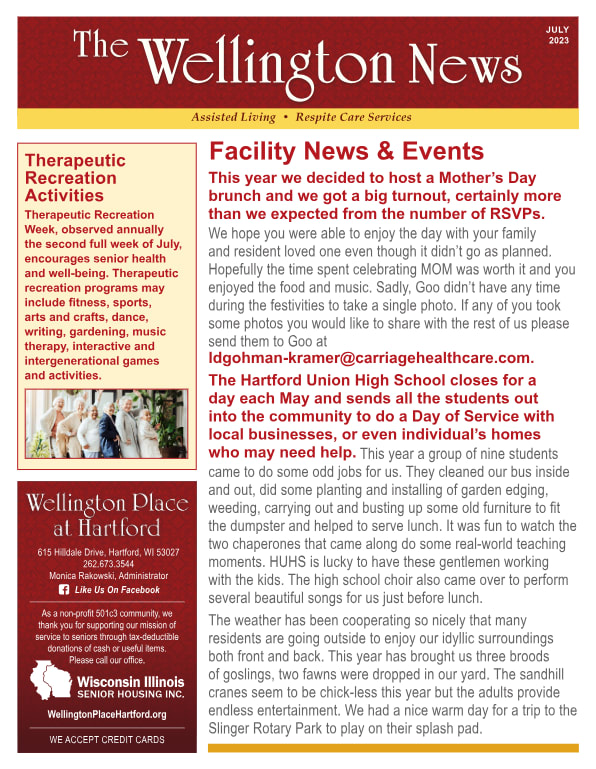July 2023 Newsletter at Wellington Place at Hartford in Hartford, Wisconsin