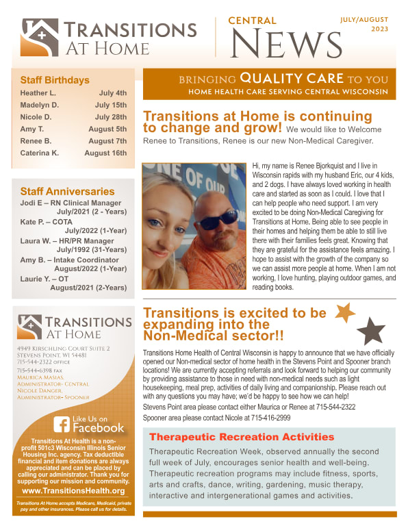 July 2023 Newsletter at Transitions At Home - Central in Stevens Point, Wisconsin