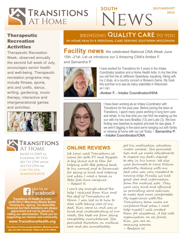 July 2023 Newsletter at Transitions At Home in Elkhorn, Wisconsin