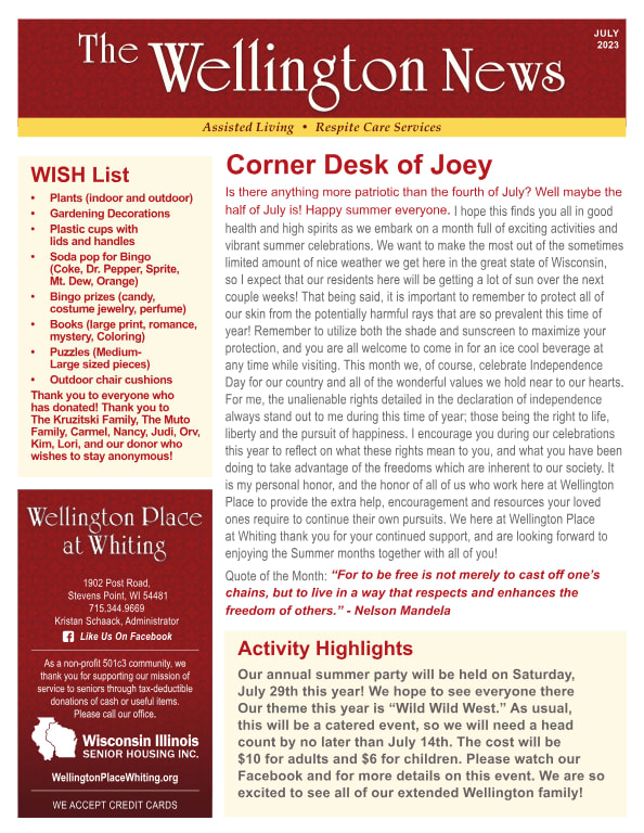 July 2023 Newsletter at Wellington Place at Whiting in Stevens Point, Wisconsin