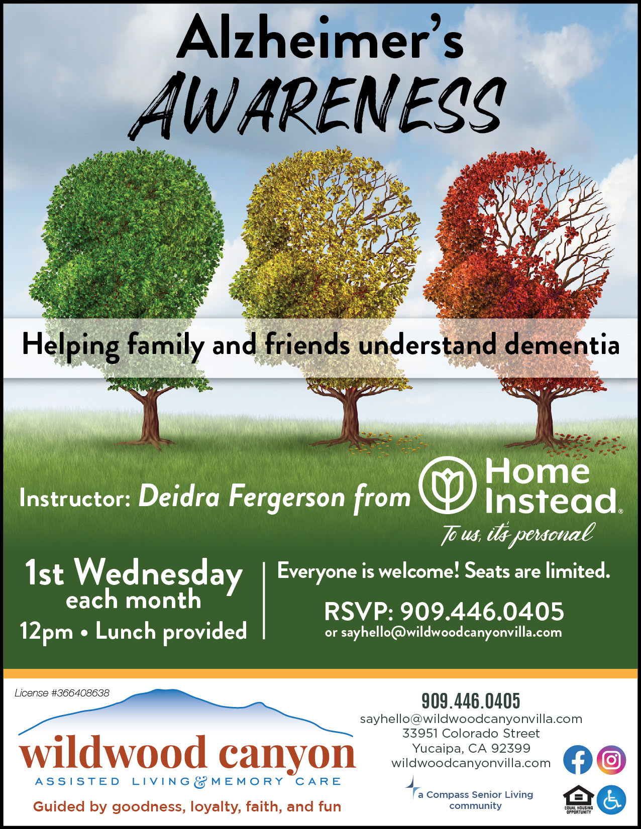 Alzheimer's Awareness Support Group flyer at Wildwood Canyon Villa Assisted Living and Memory Care in Yucaipa, California. 