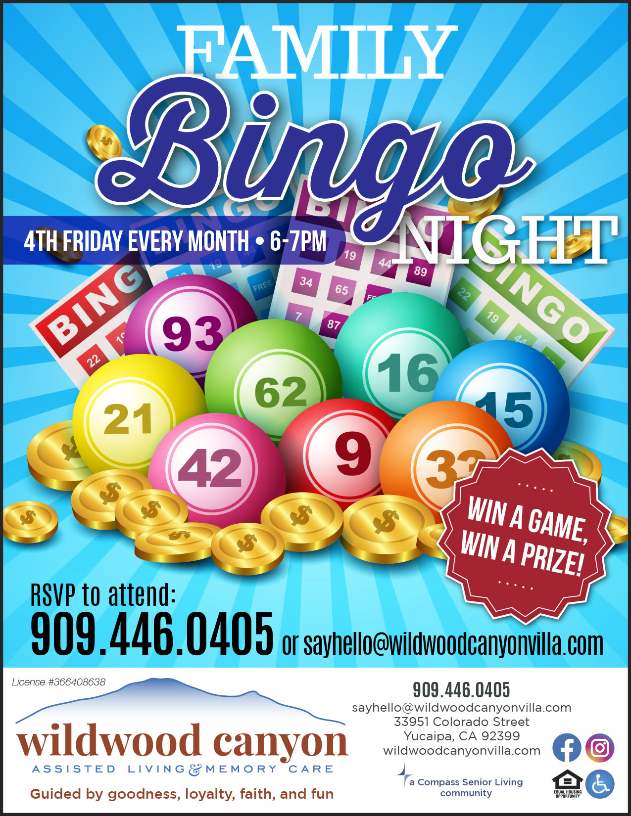 Bingo flyer at Wildwood Canyon Villa Assisted Living and Memory Care in Yucaipa, California.