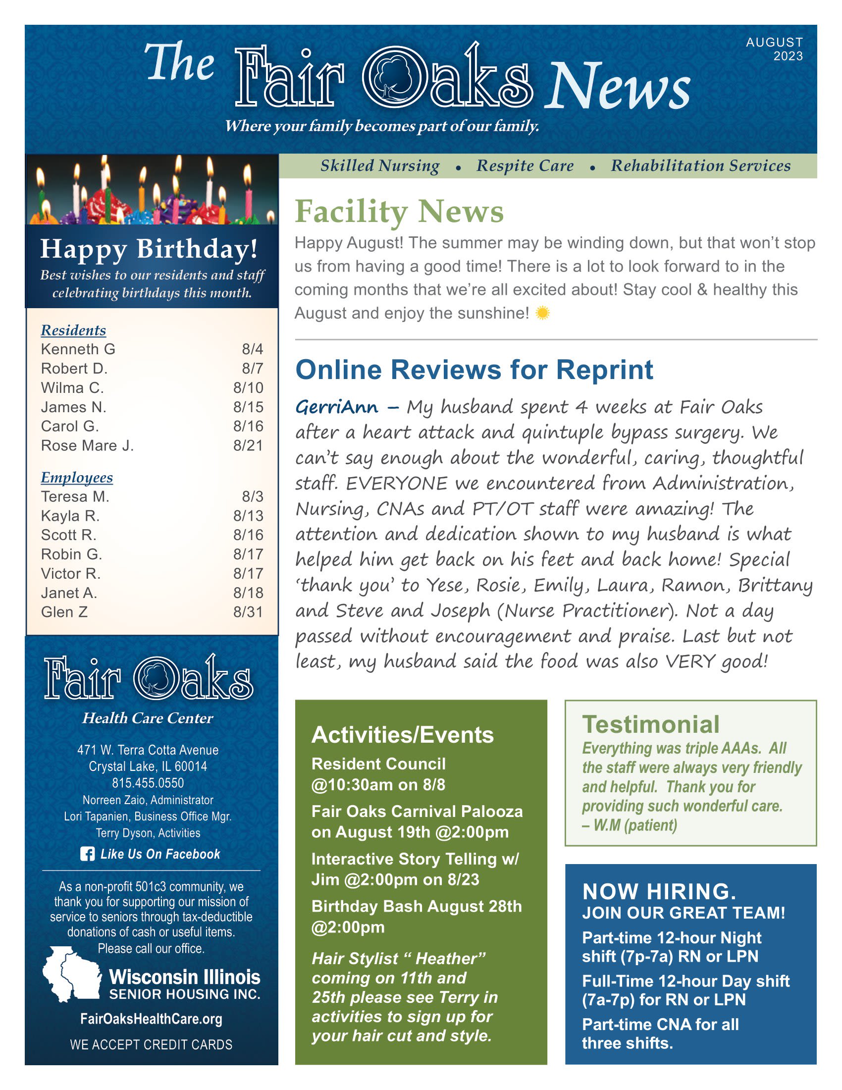 August 2023 Newsletter at Fair Oaks Health Care Center in Crystal Lake, Illinois