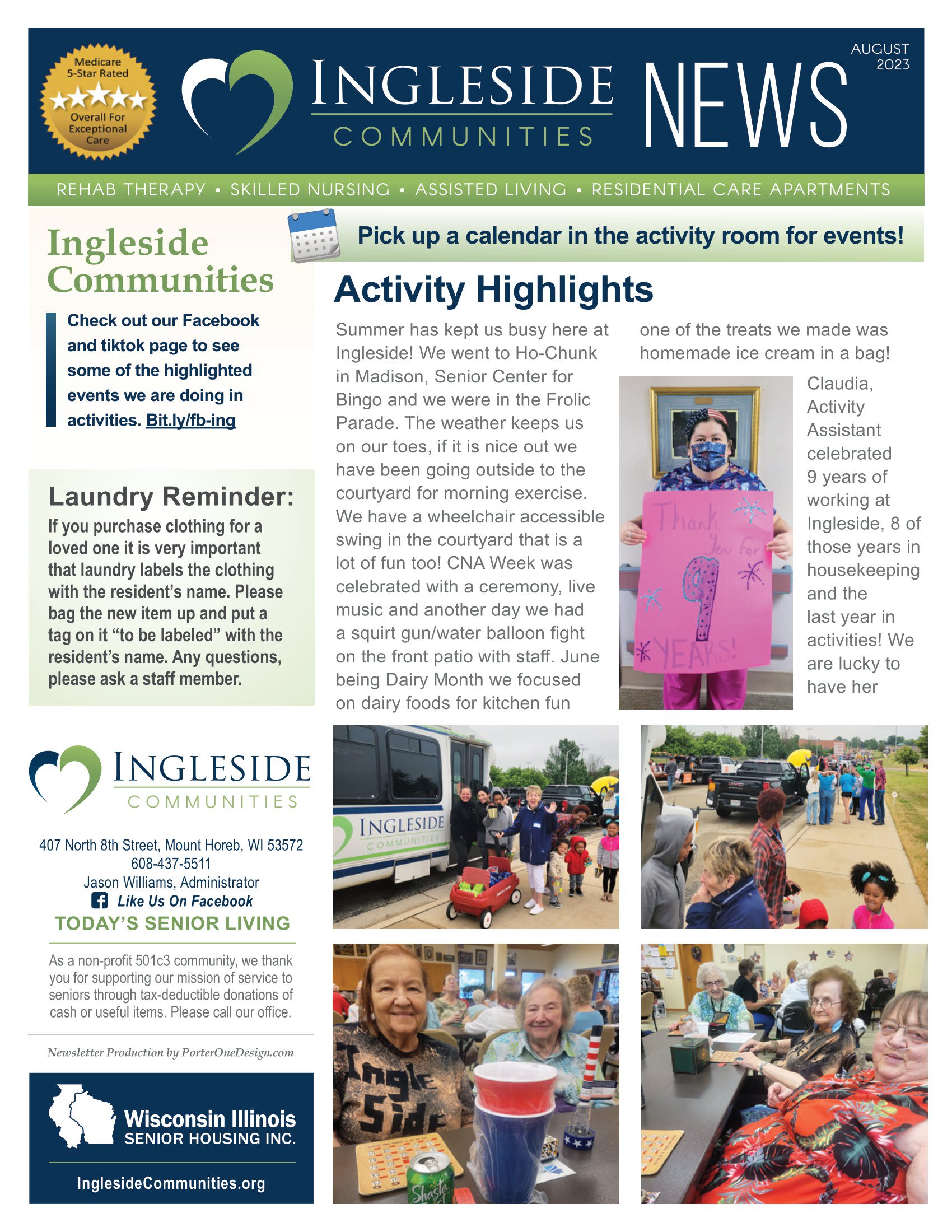 August 2023 Newsletter at Ingleside Communities in Mount Horeb, Wisconsin