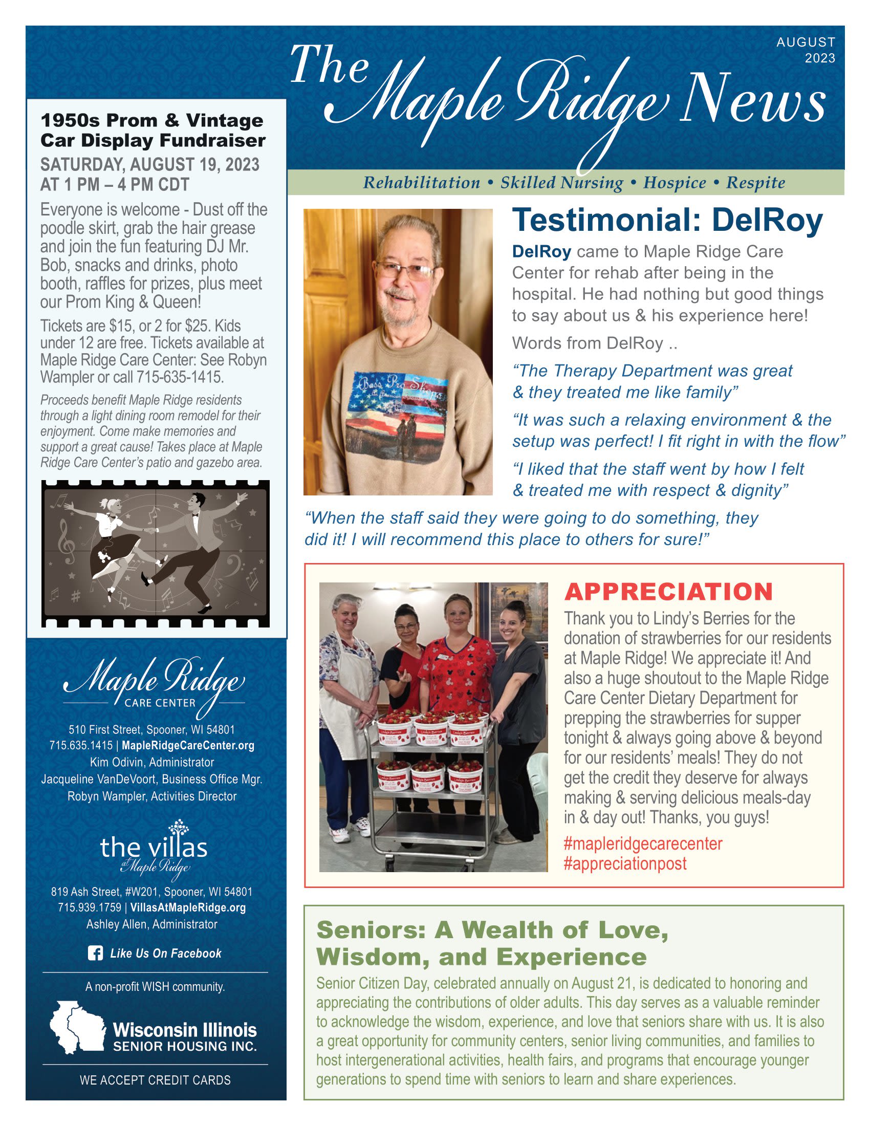 August 2023 Newsletter at Maple Ridge Care Center in Spooner, Wisconsin