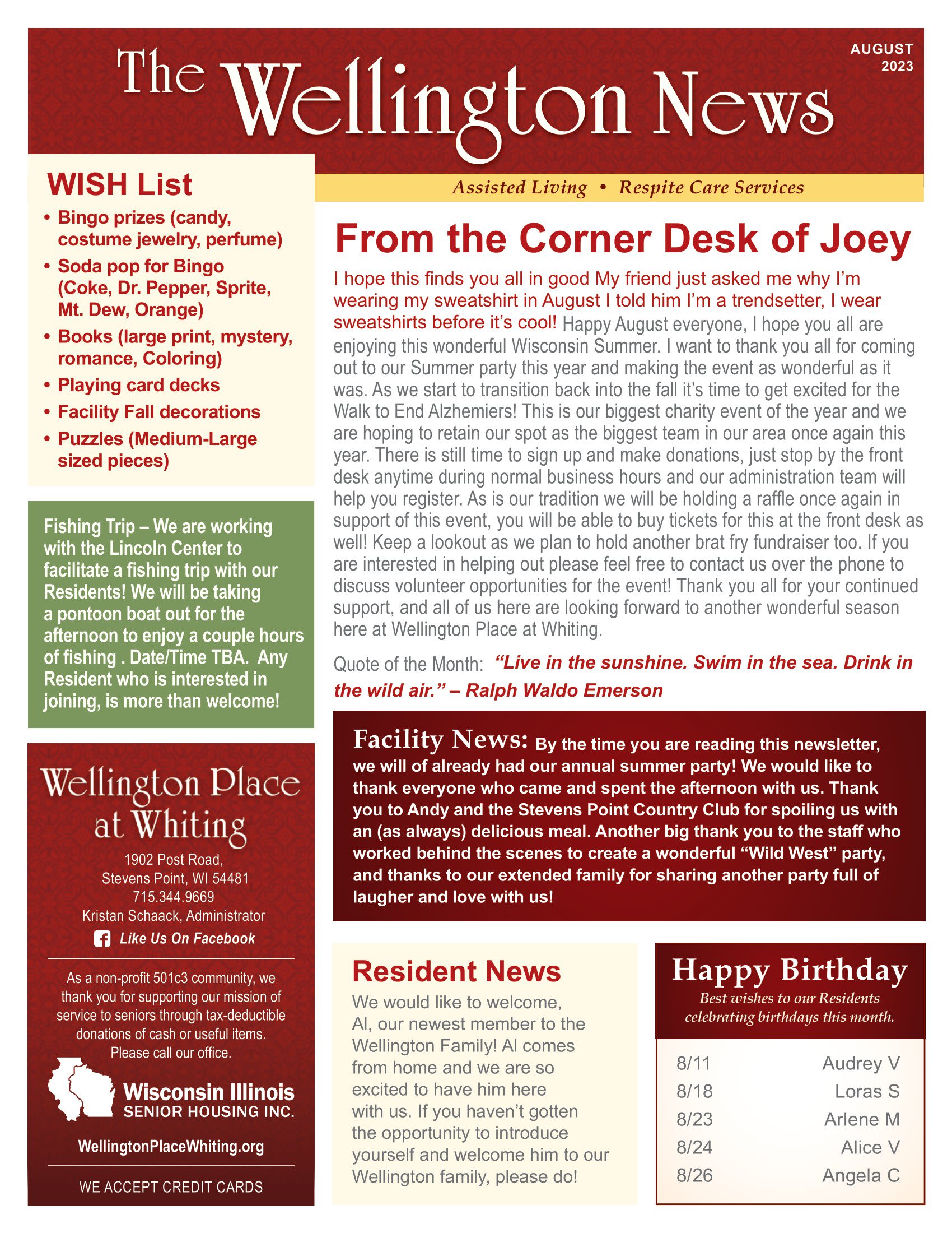 August 2023 newsletter at Wellington Place at Whiting in Stevens Point, Wisconsin