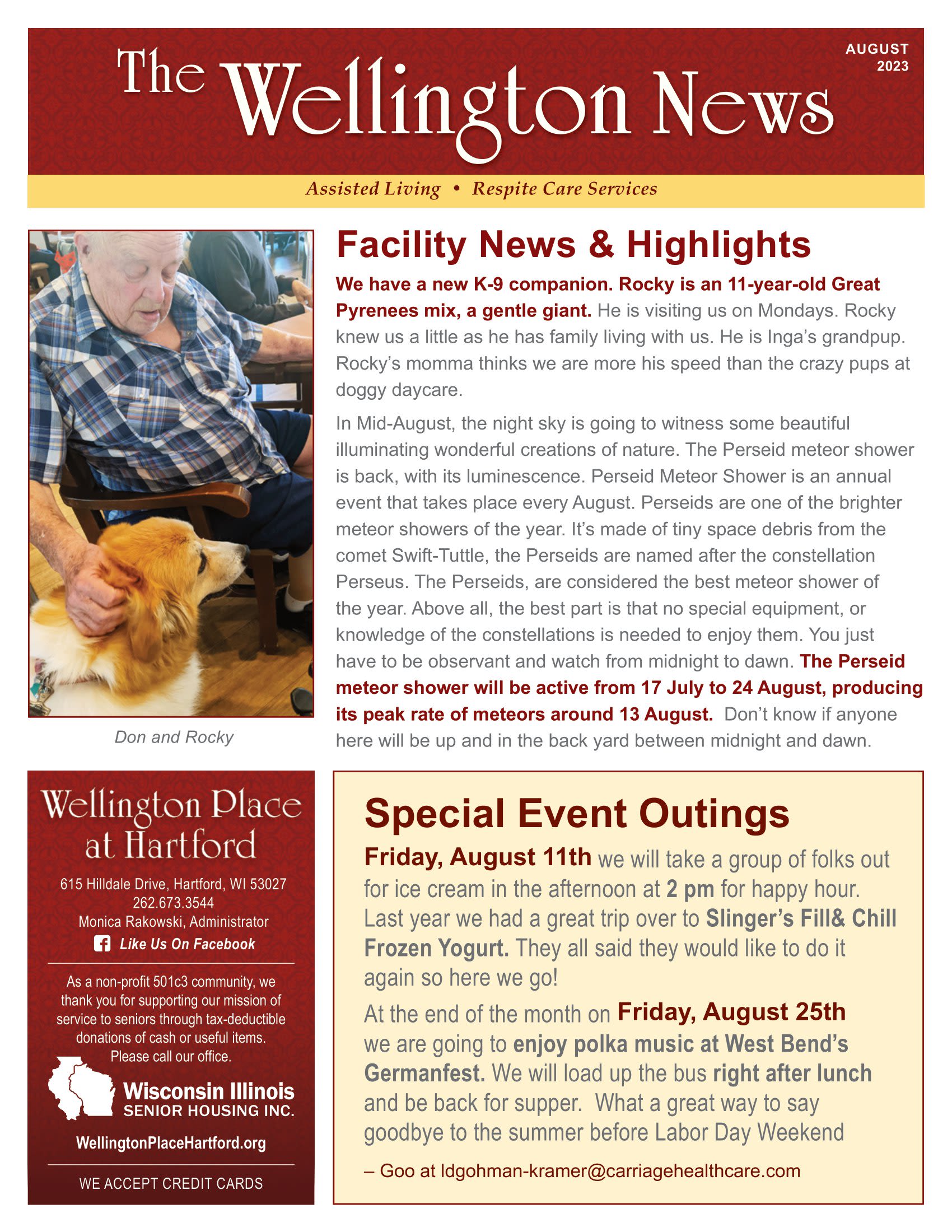 August 2023 Newsletter at Wellington Place at Hartford in Hartford, Wisconsin