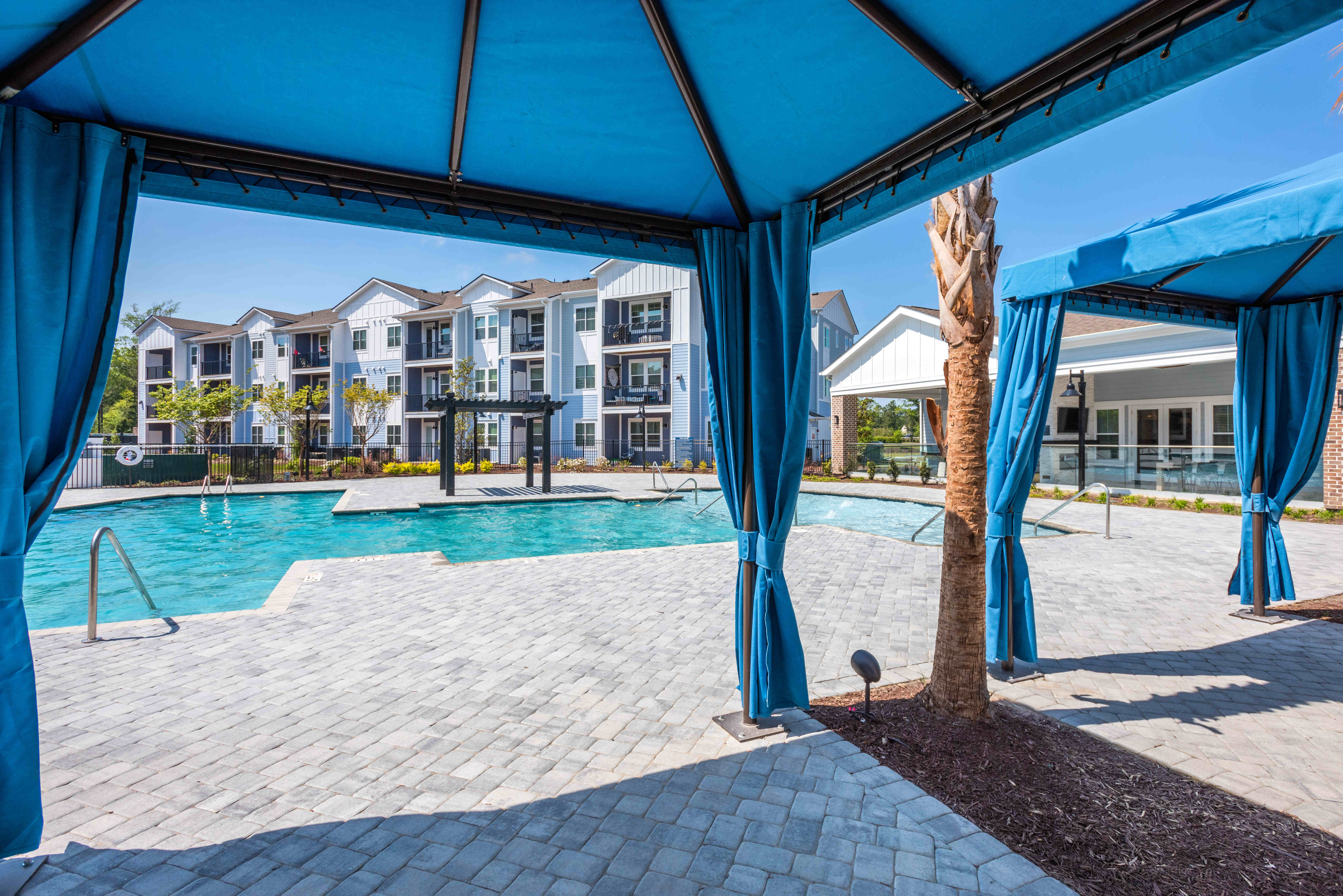 Shaded poolside area at Artisan Carolina Forest in Myrtle Beach, South Carolina