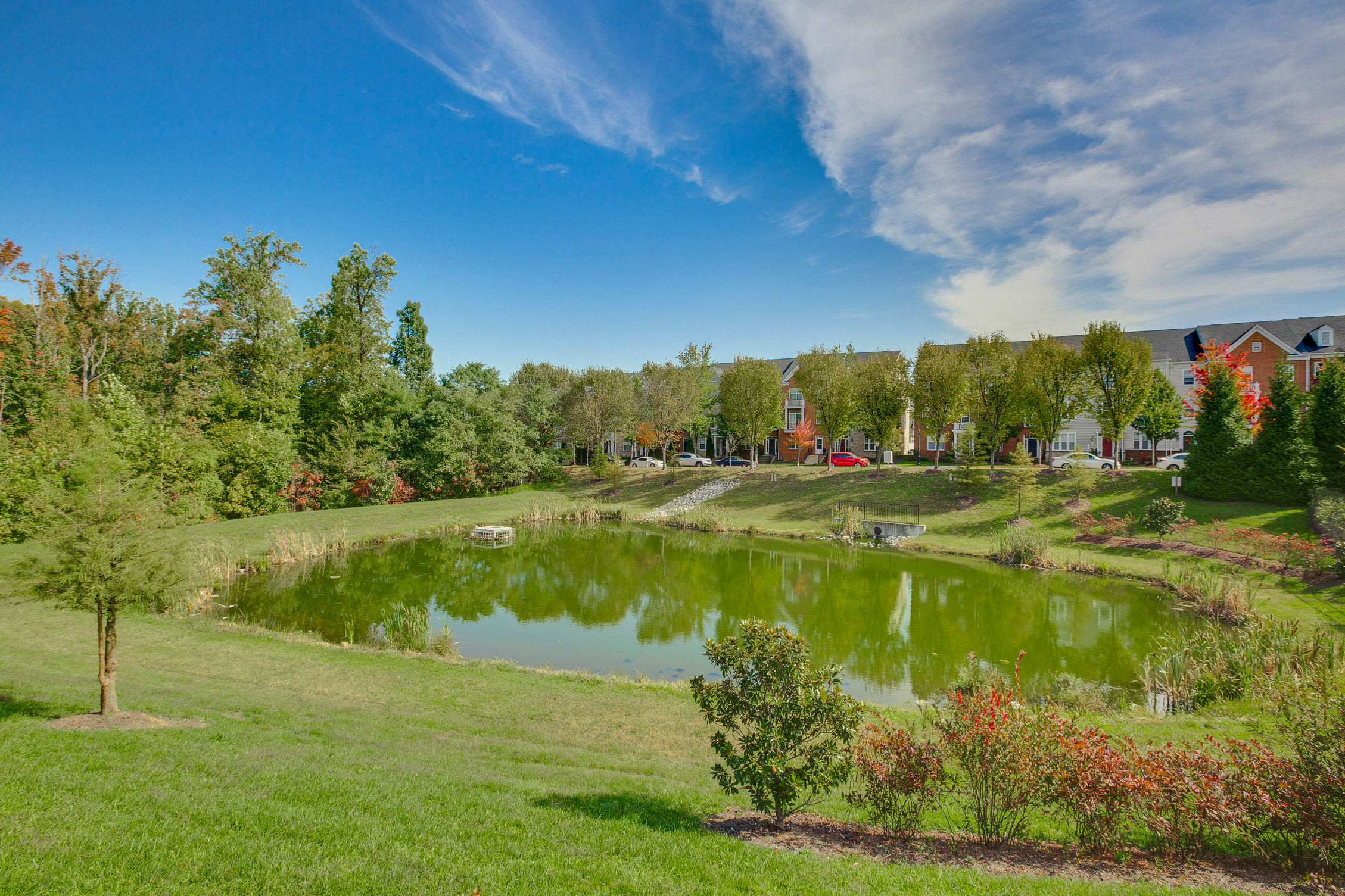 Landscaped grounds at Summerfield at Morgan Metro's clubhouse in Hyattsville, Maryland