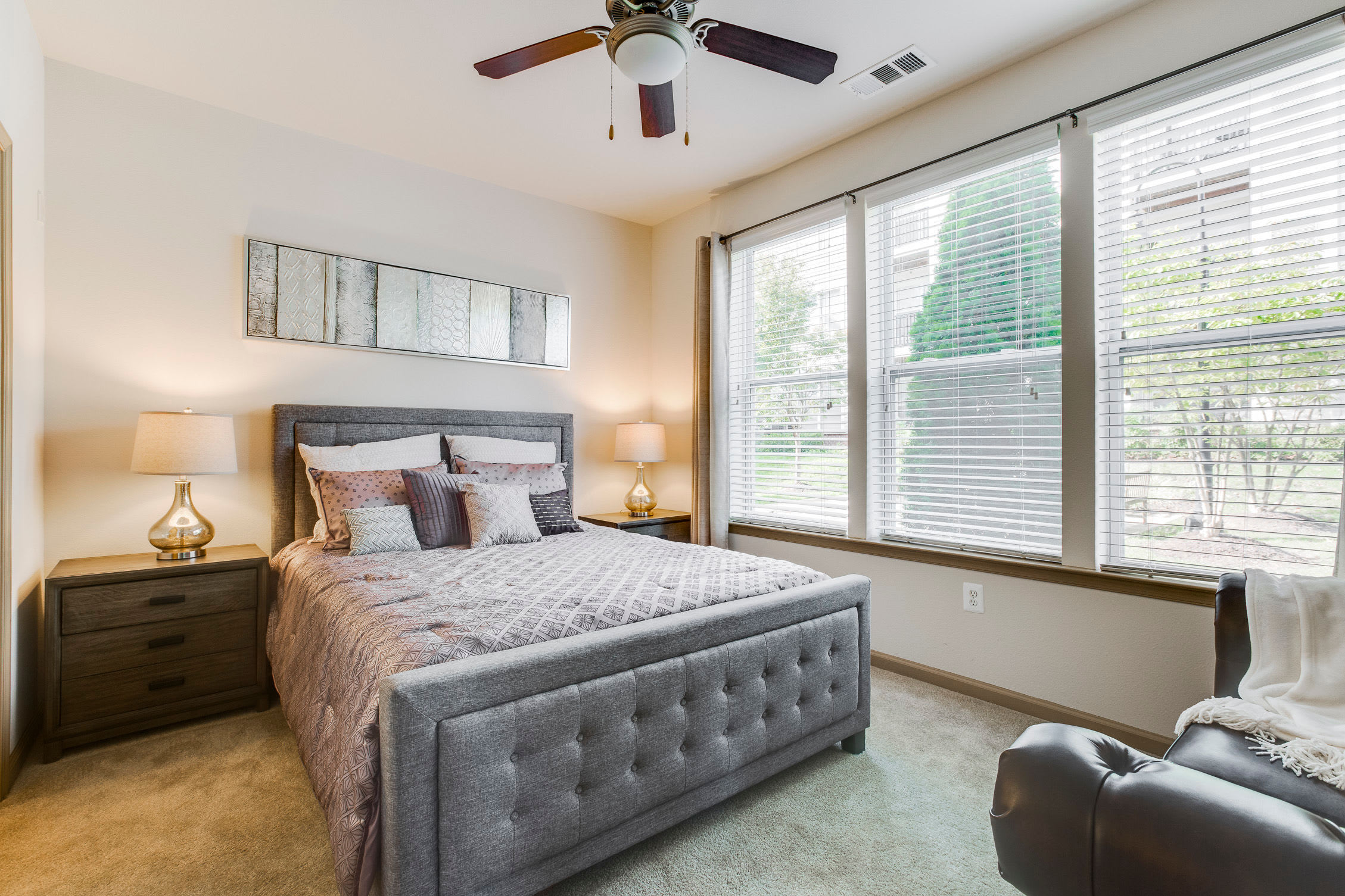 Furnished model bedroom at Summerfield at Morgan Metro in Hyattsville, Maryland