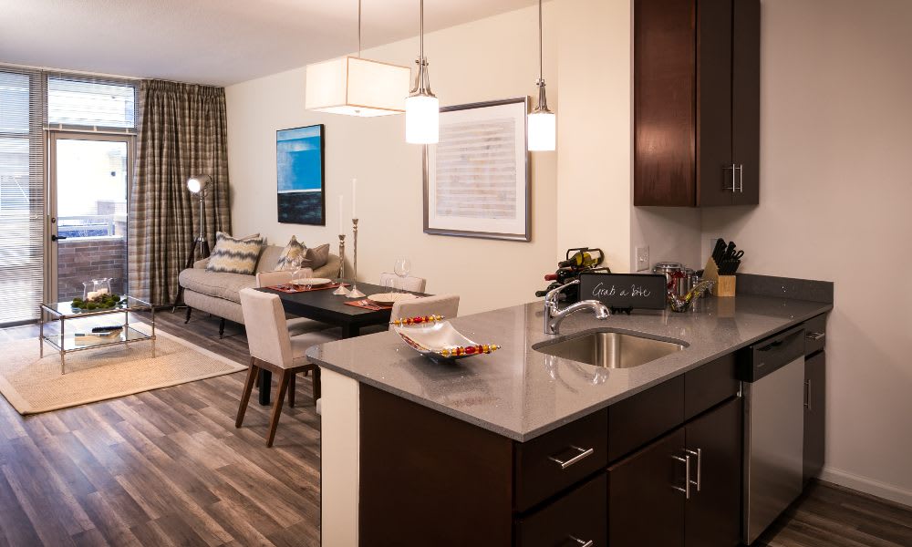 Kitchen, dining area and living room at The Premier in Silver Spring