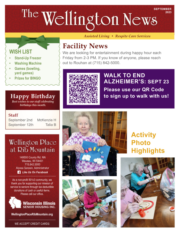 September 2023 Newsletter at Wellington Place at Rib Mountain in Wausau, Wisconsin