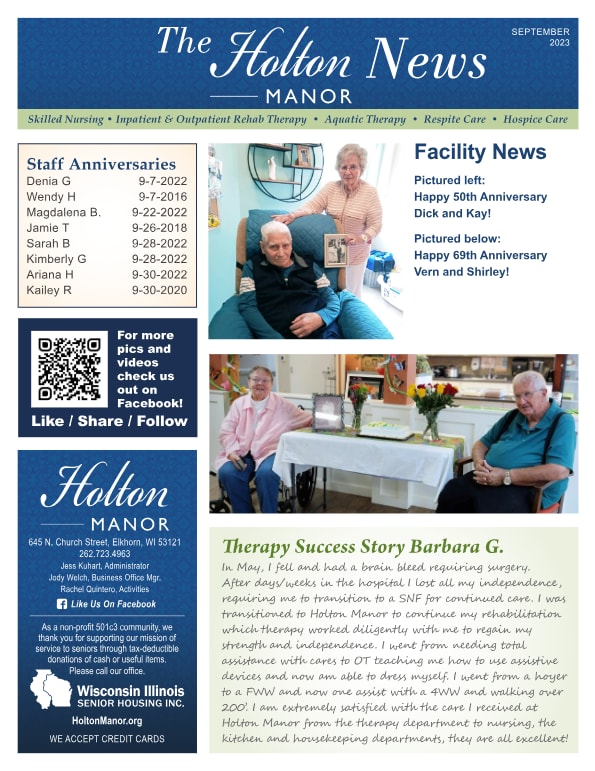 September 2023 Newsletter Holton Manor in Elkhorn, Wisconsin