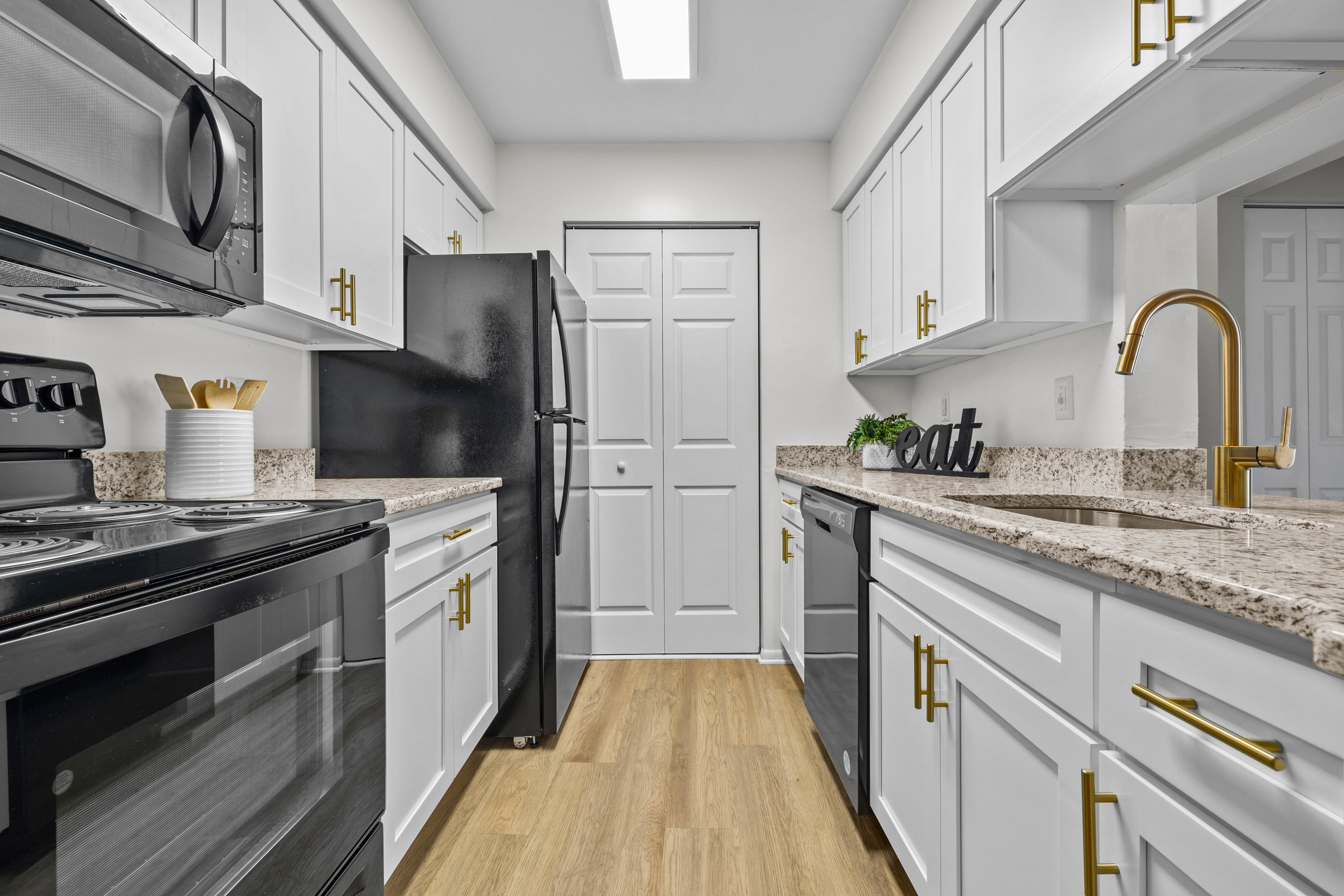 Modern model kitchen at Runaway Bay Apartments in Virginia Beach, Virginia