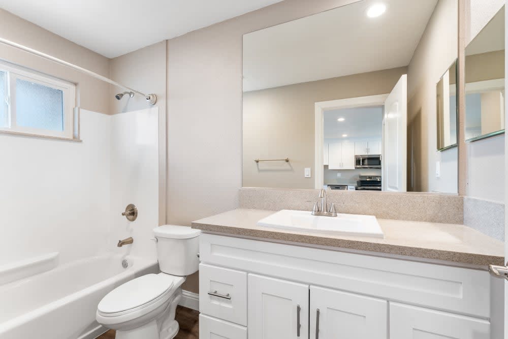 Renovated bathroom at Fremont Arms Apartments in Fremont, California