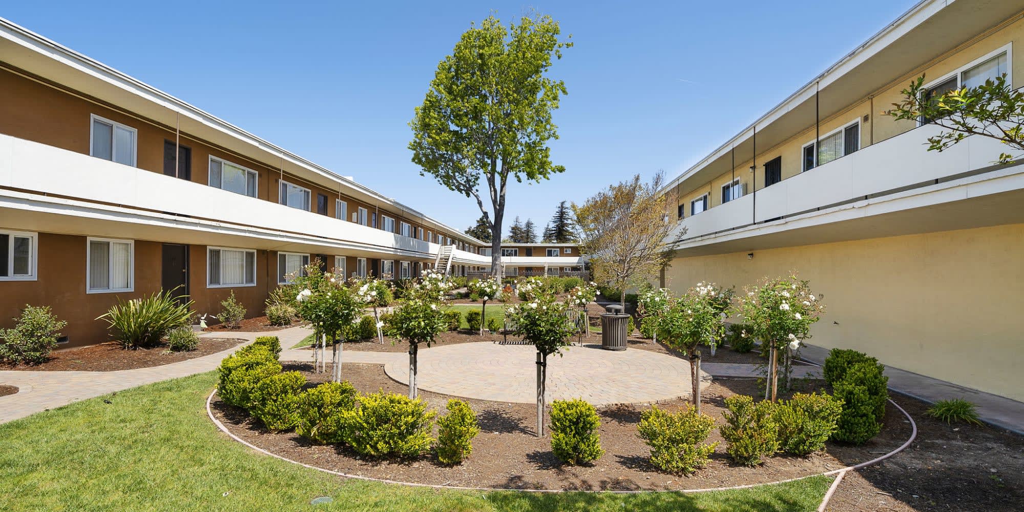 Outside are with plants at Garden Court Apartments in Alameda, California