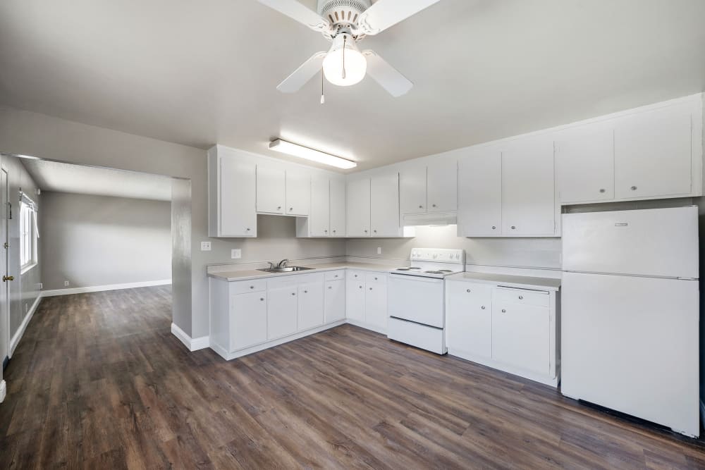 Kitchen area with plenty of space at Garden Court Apartments in Alameda, California