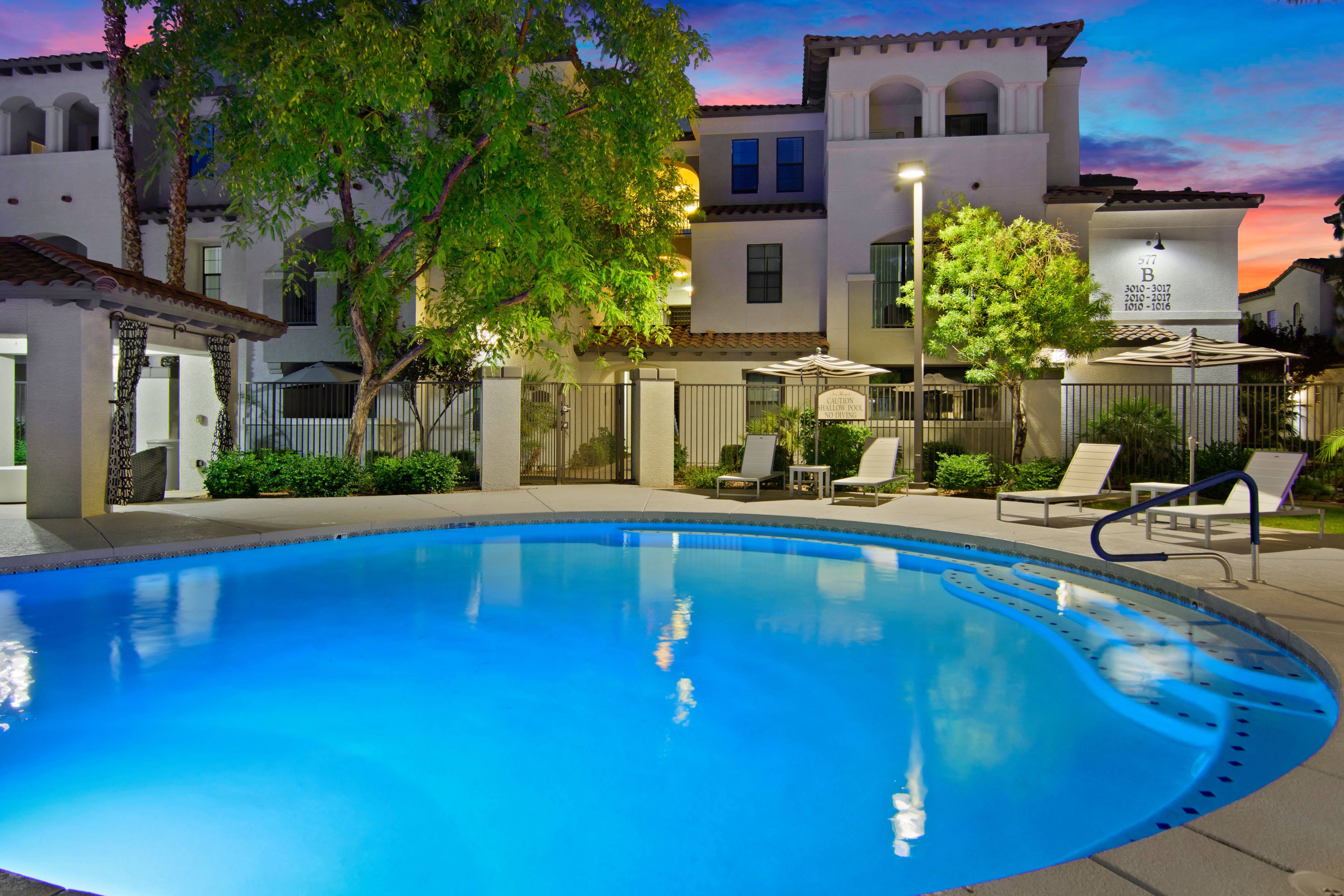 Swimming pool at night at San Marquis in Tempe, Arizona