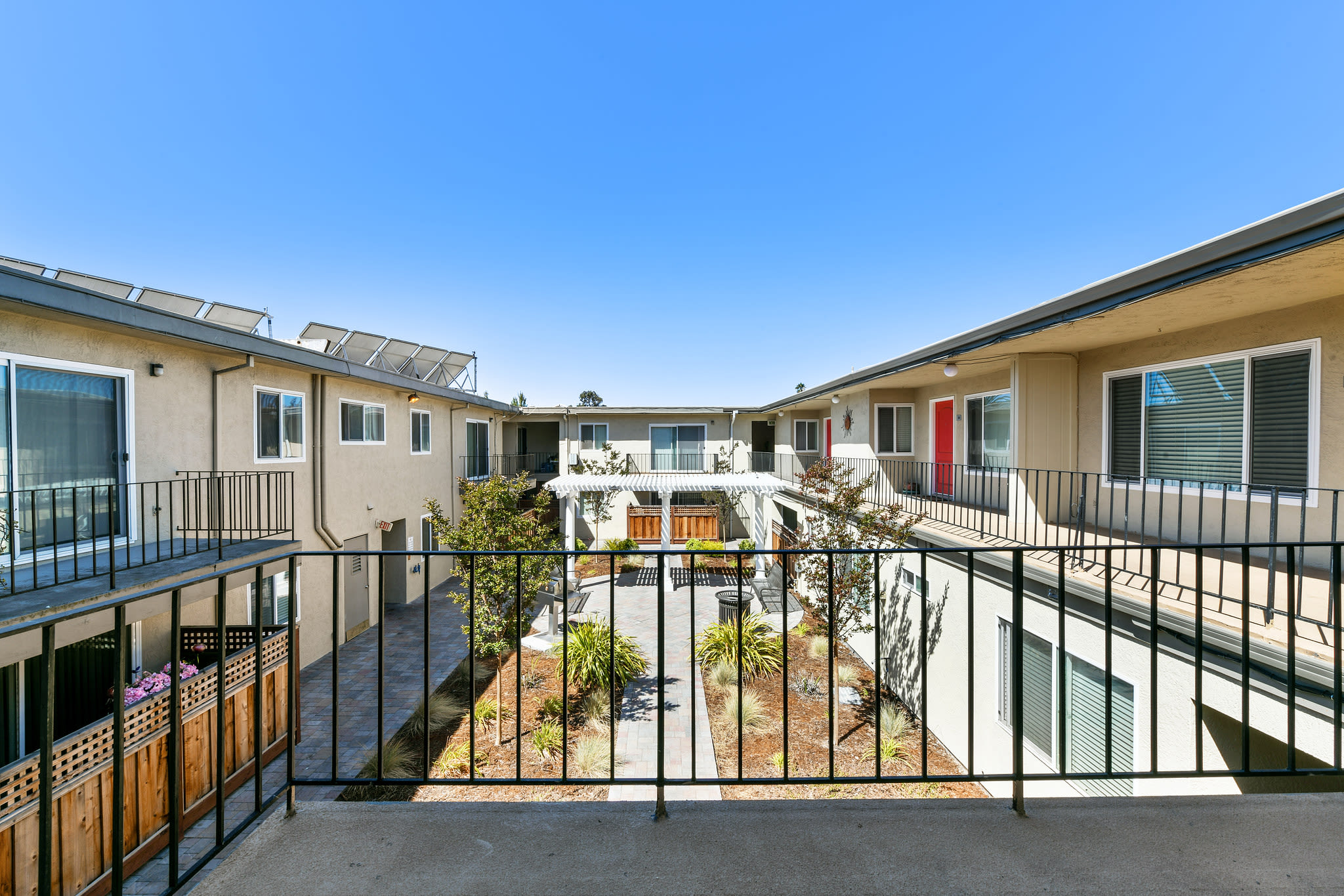 Patio overlooking the courtyard at Marina Haven Apartments in San Leandro, California