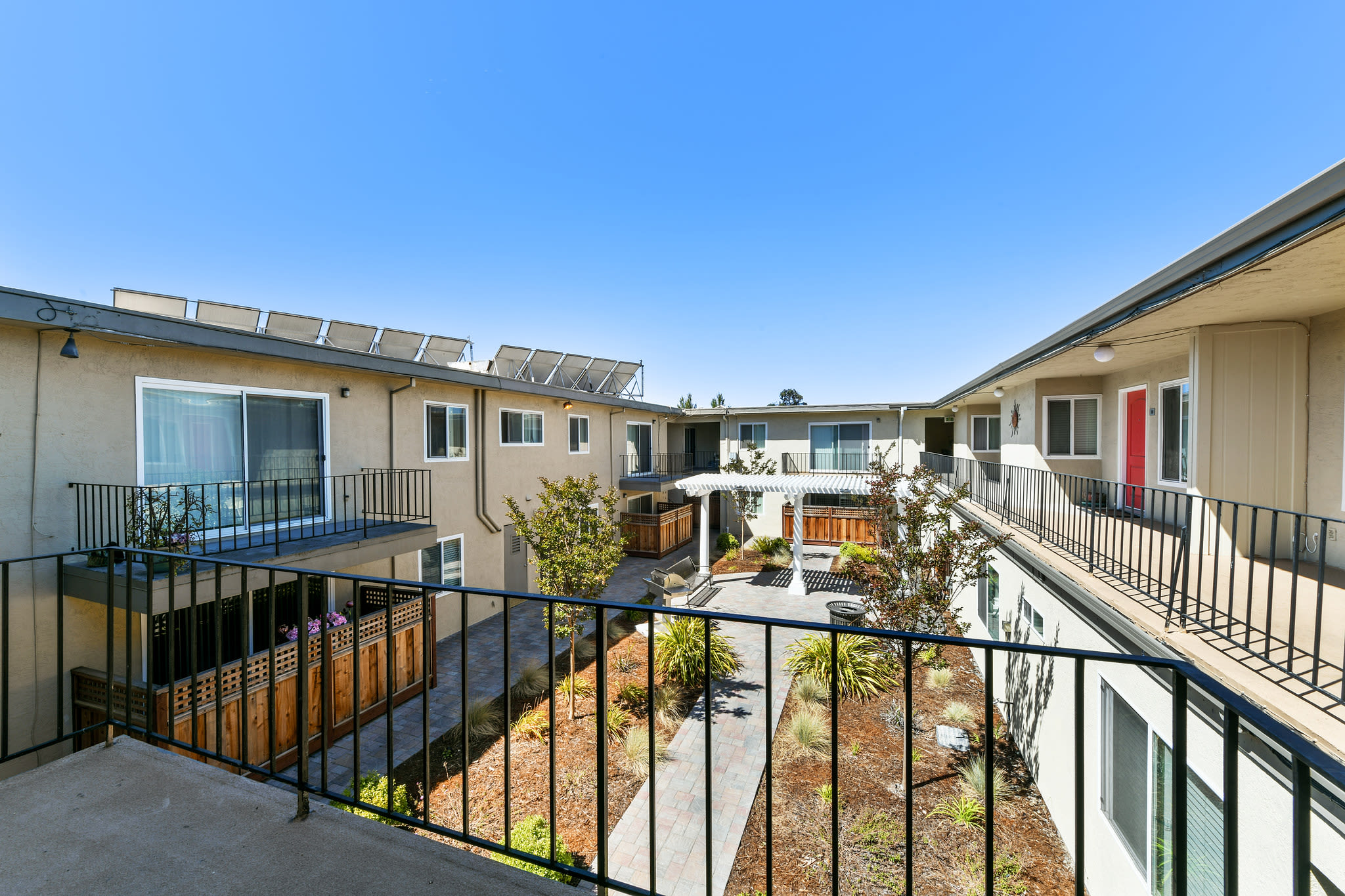 Patio view from a unit at Marina Haven Apartments in San Leandro, California
