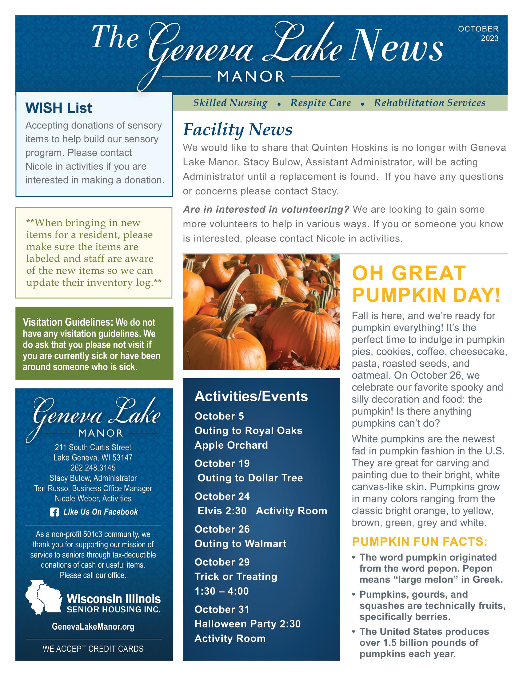 October 2023 Newsletter at Geneva Lake Manor in Lake Geneva, Wisconsin