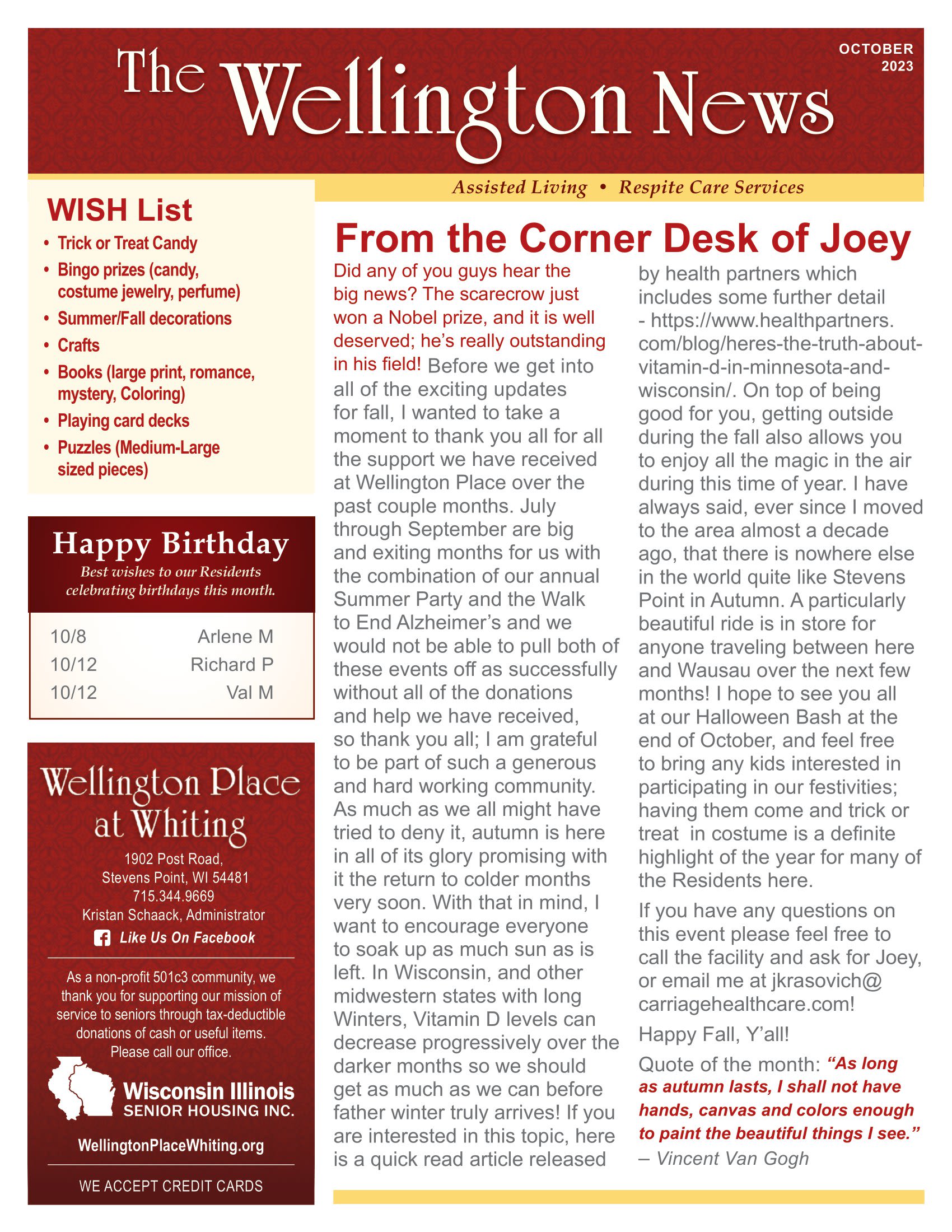 October 2023 newsletter at Wellington Place at Whiting in Stevens Point, Wisconsin