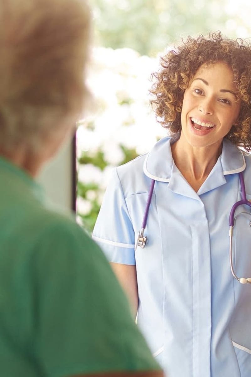 Home health nurse arrives at lady's home at Transitions At Home - Central in Stevens Point, Wisconsin