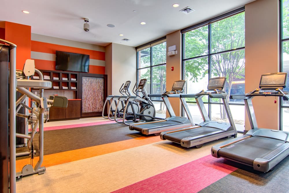 Inside the fitness center at Station R Apartments in Atlanta, Georgia