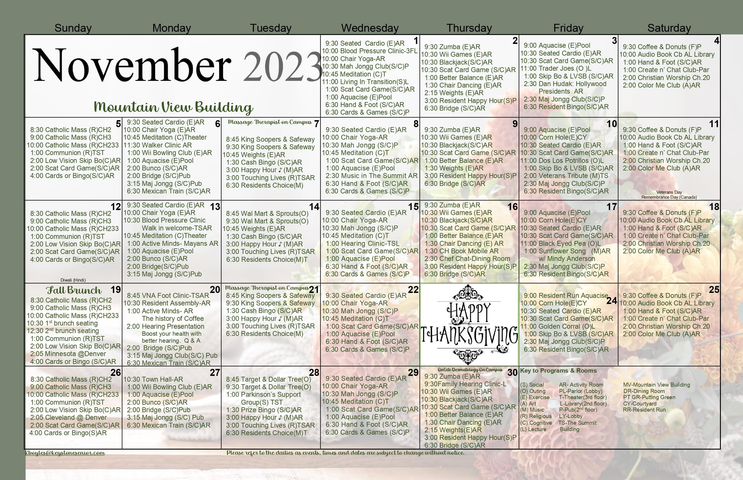 View the Independent Living calendar from Keystone Place at Legacy Ridge in Westminster, Colorado