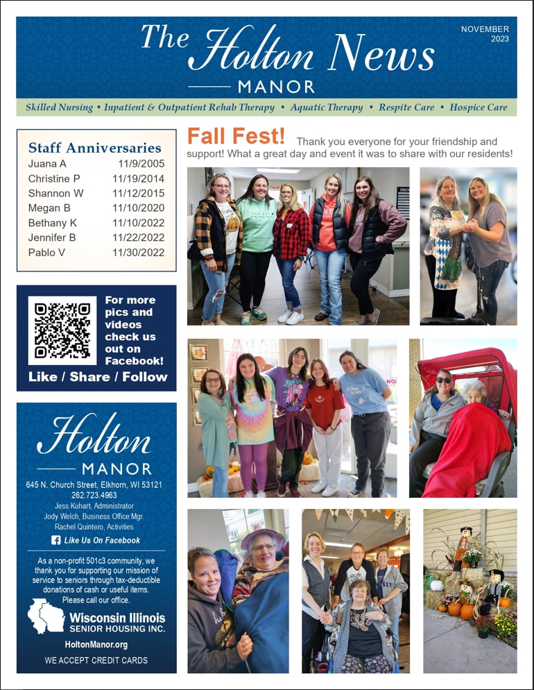 November 2023 Newsletter at Holton Manor in Elkhorn, Wisconsin