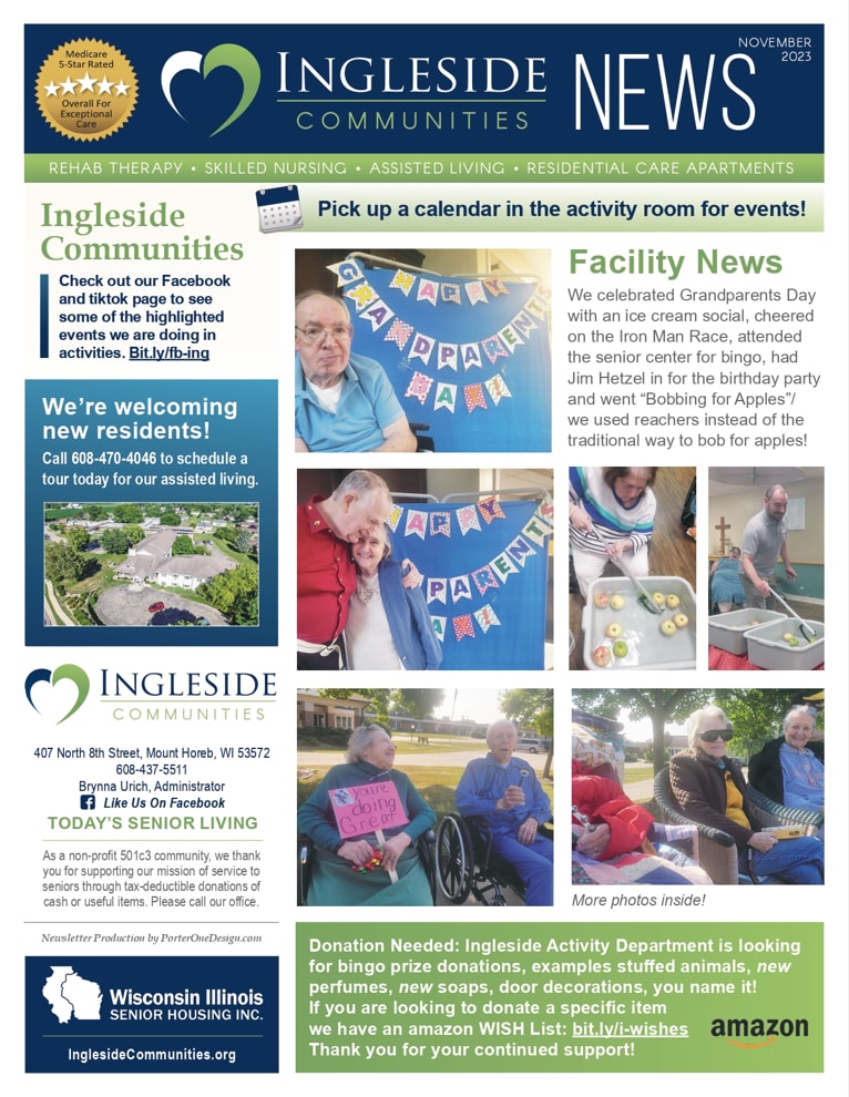 November 2023 Newsletter at Ingleside Communities in Mount Horeb, Wisconsin
