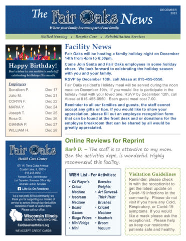 December 2023 Newsletter at Fair Oaks Health Care Center in Crystal Lake, Illinois