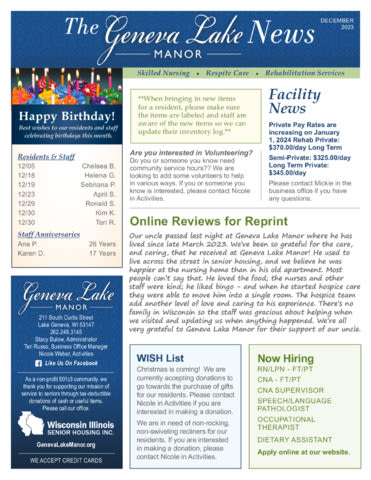 December 2023 Newsletter at Geneva Lake Manor in Lake Geneva, Wisconsin