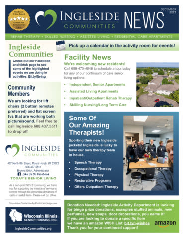 December 2023 Newsletter at Ingleside Communities in Mount Horeb, Wisconsin