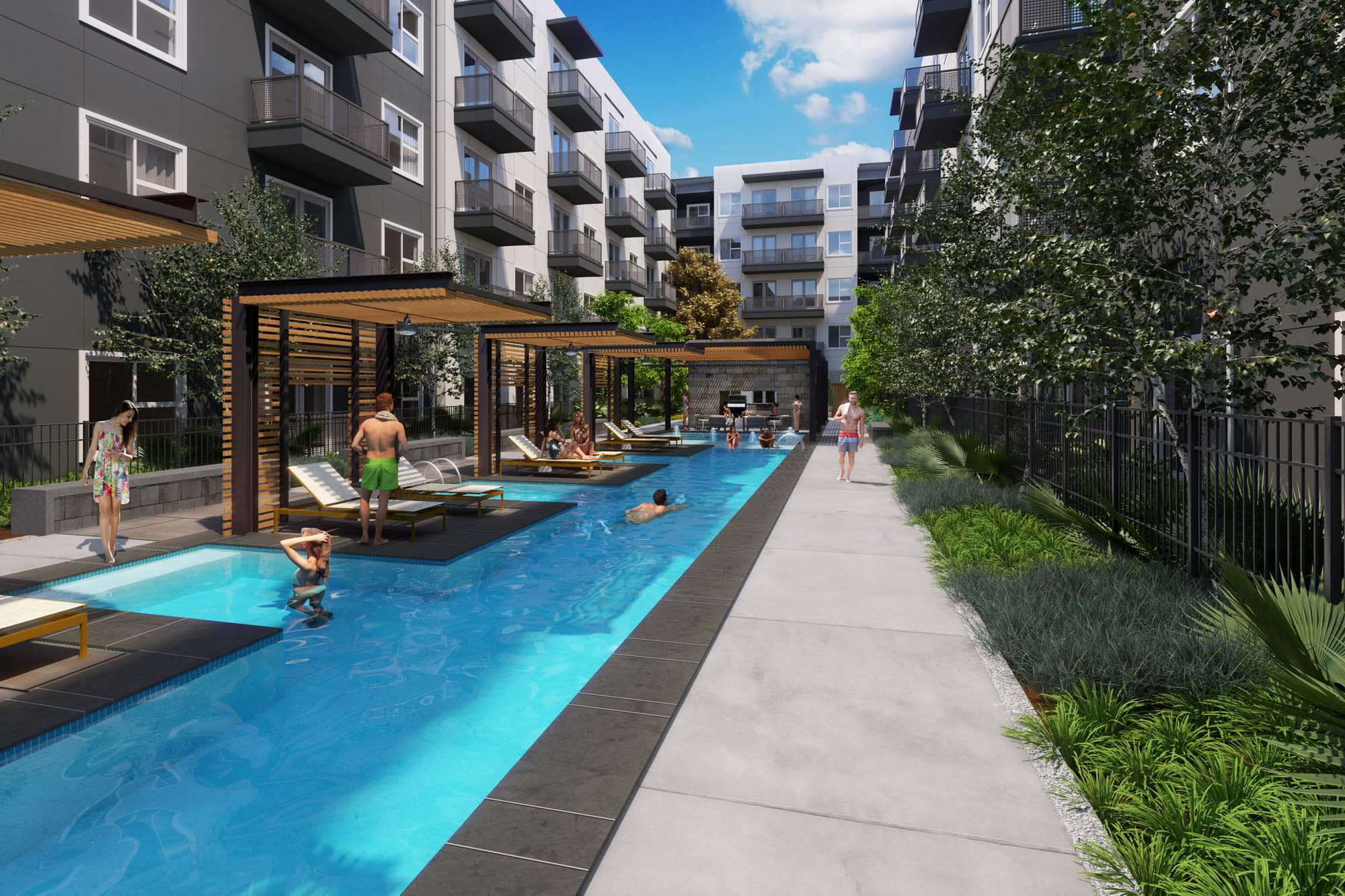 Rendering of pool and cabanas at Lantower Midtown in Dallas, Texas