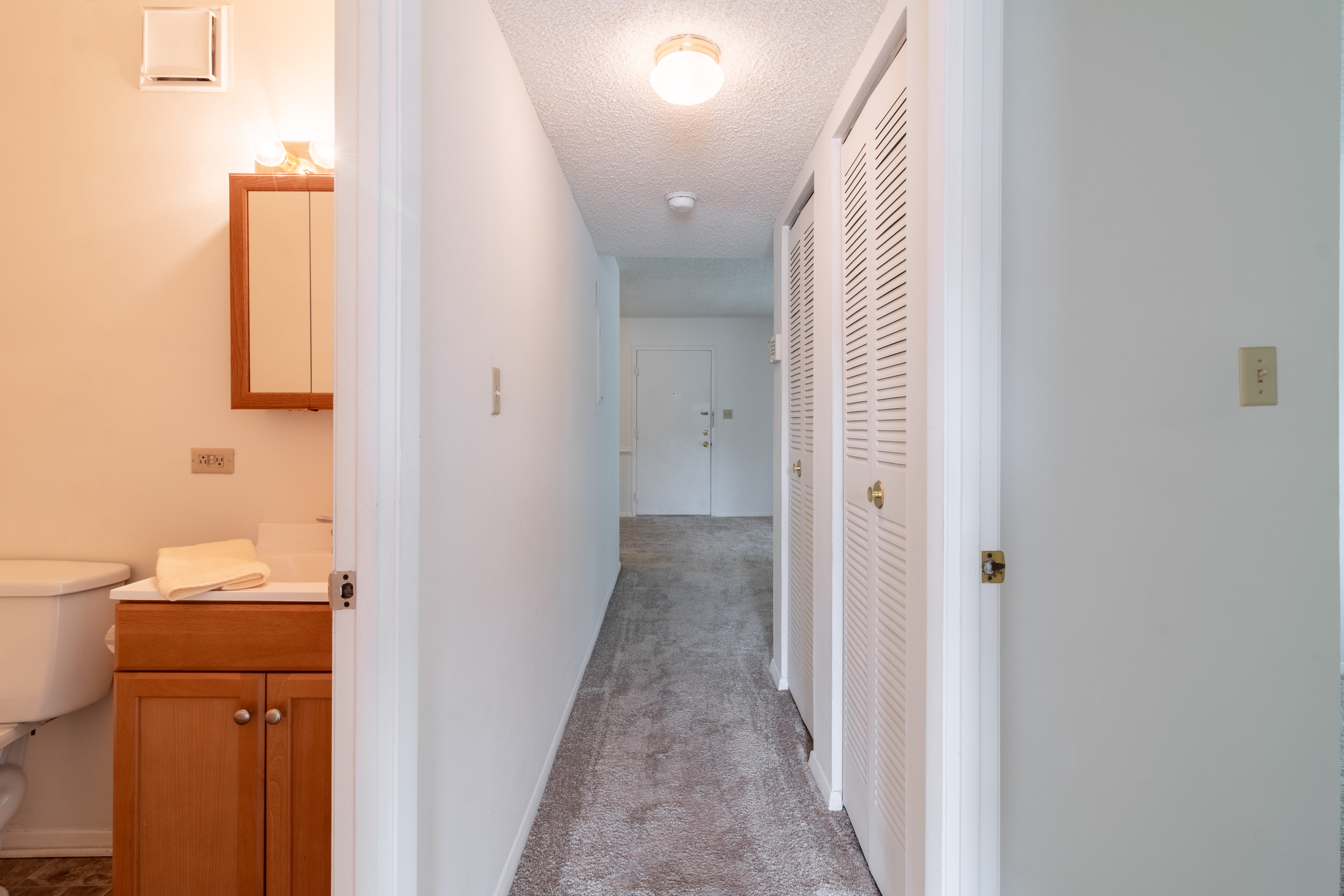Interior of a hallway with a toilet, sink, and cabinet at Arbor Crest Apartments in Charlottesville, Virginia